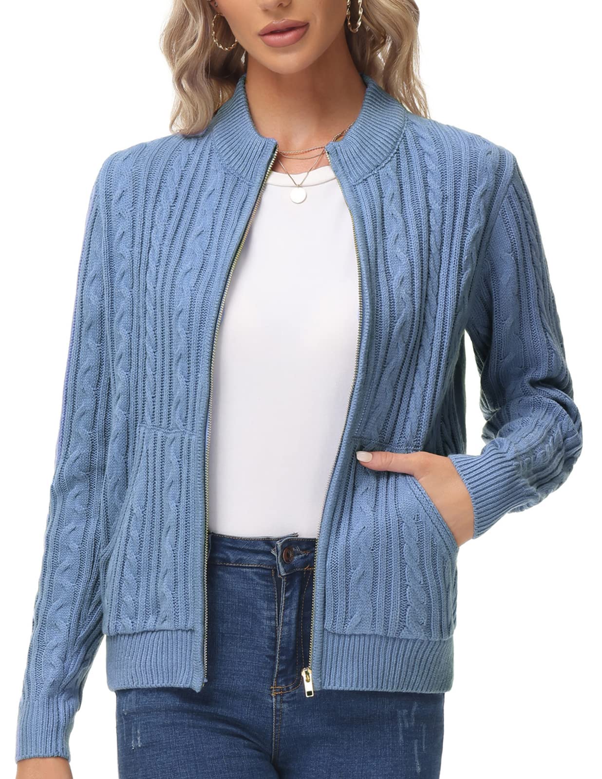 KANCY KOLE Women Zip Up Sweaters Chunky Cable Knit Cardigan