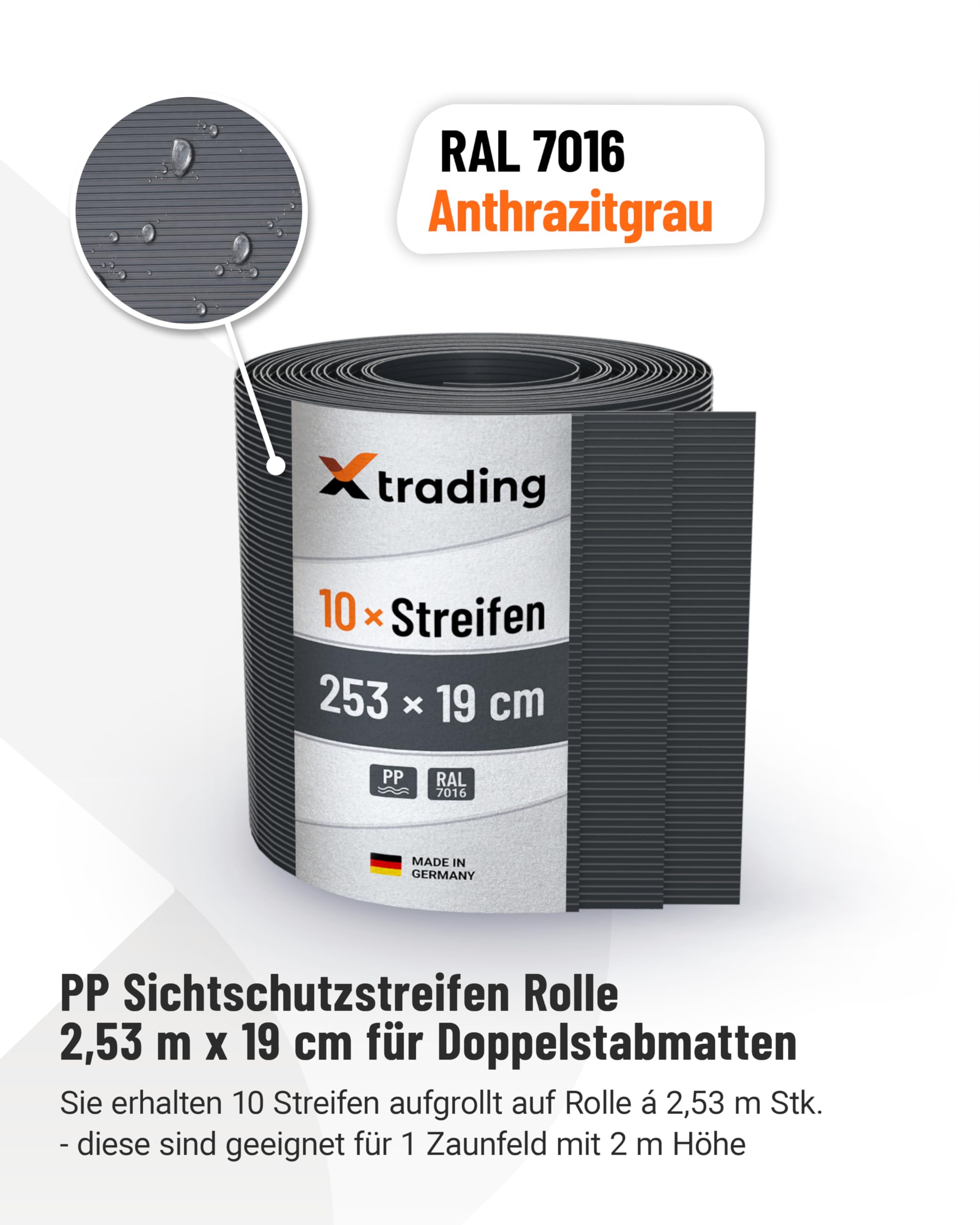 X-trading PP Sichtschutzstreifen für Doppelstabmatten-Zaun (2,53 m x 19 cm) Anthrazit 10 Stk. – RAL 7016 – Rillenoptik – Qualität Made in Germany, einfache Montage ohne Clips & Werkzeug