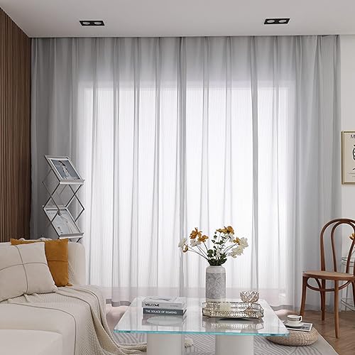 Miniatura 2 de Grey Chiffon Striped Semi Sheer Curtains for Living Room Light Filtering Solid Voile Window Drapes for Bedroom 2 Panels 84 inches Long Rod Pocket