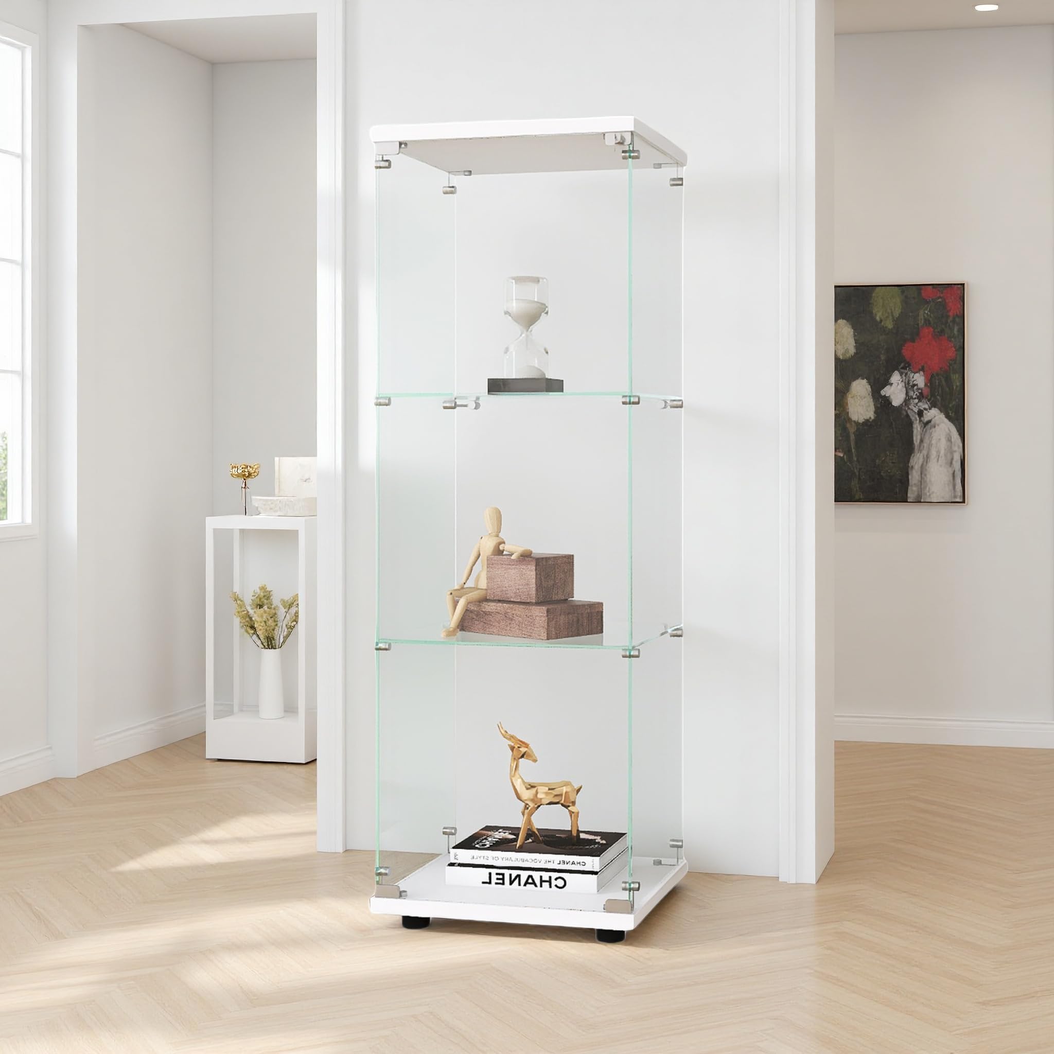 Vitrine en Verre Debout 36x42x125cm, Armoire de Rangement en Verre sur Pied, 3 Étagères, Vitrine pour Collection avec 1 Portes et Serrure, pour Bar, Cuisine et Salon (Blanc)