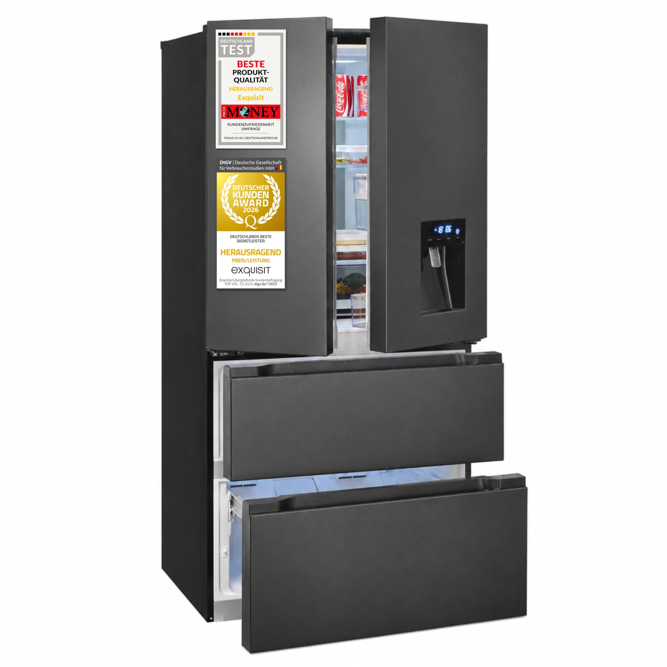 Exquisit French Door Kühl-Gefrierkombination 506 l, No Frost | Inoxlook, Wasserspender, LED, Schnellgefrieren, 183 l Gefrieren, Energieklasse E, 38 dB