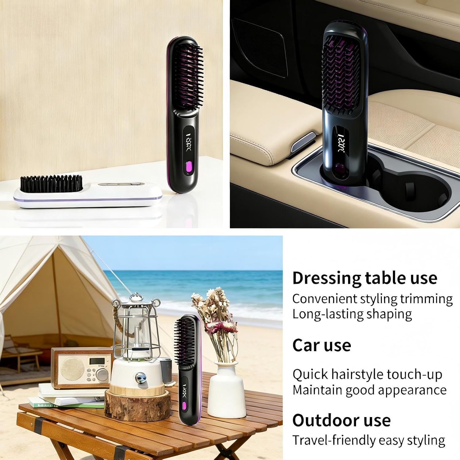 2026 New Cordless Hair Straightener Brush | Rechargeable Portable Straightening Brush with LCD Display | Mini Travel Styling Brush for Short Hair & Beard | Quick-Heating Wireless Hair Comb (Purple)