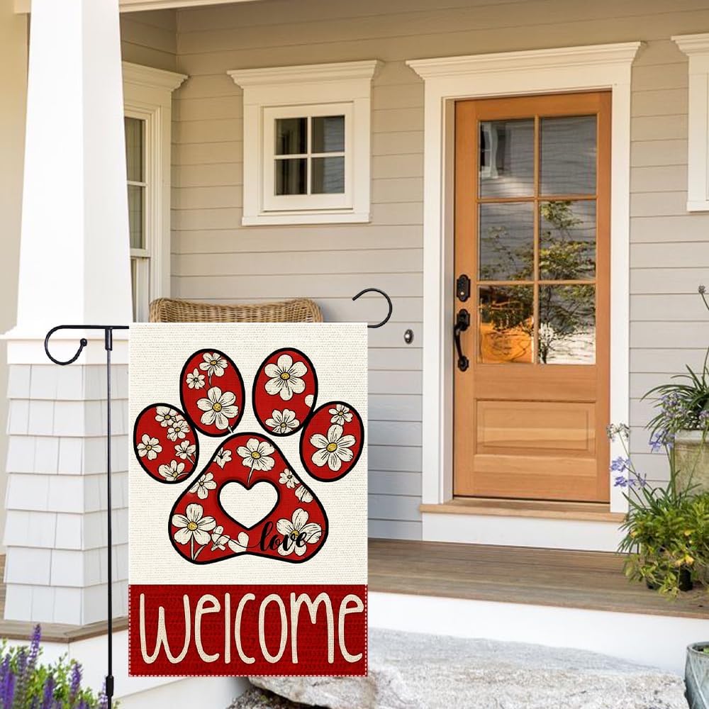 Valentines Day Garden Flags Love Paw Print Garden Flag Welcome Garden Flags 12x18 Inch Double-Sided Burlap with Red Flowers and Heart for Dog Lovers - Image 2