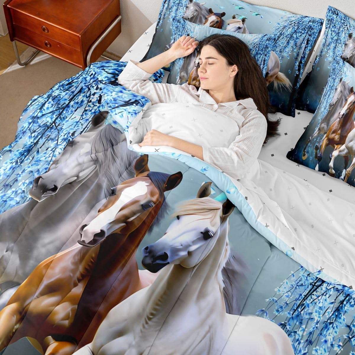 Horse Twin Size Bed in a Bag for Girls Boys Cherry Blossom Branches Steed Blue Kids Comforter Set with Sheets Teens Galloping Horse 7 Piece Bedding Set Wild Animal Decor Bed Set Bedroom Collection