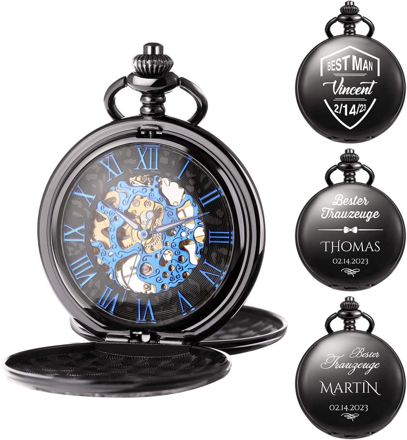 TREEWETO Mechanical Personalized Engraved Pocket Watch Skeleton Double Cover Roman Numerals Dial Personalized Gift with Box and Chain for Men Gift for Dad Son
