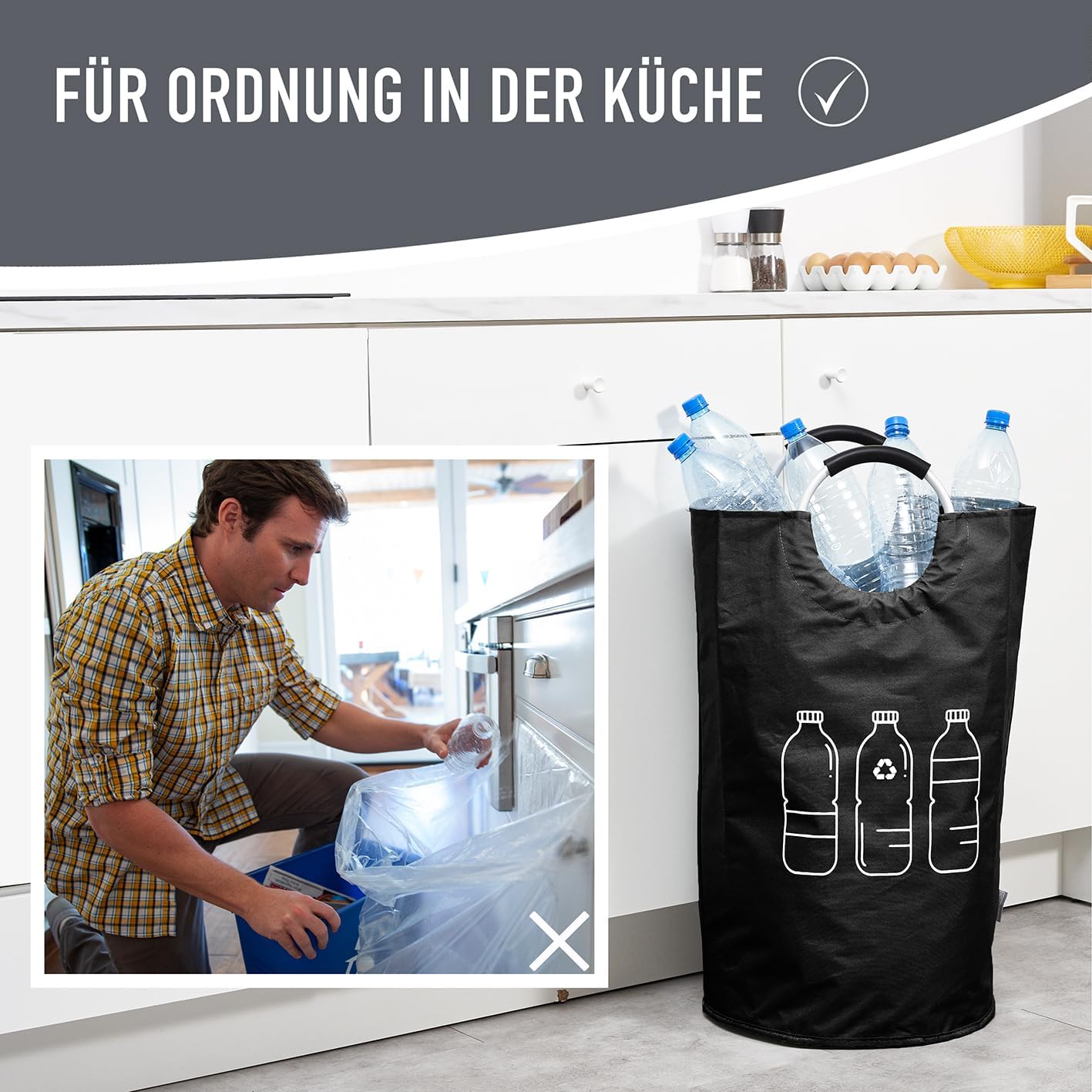 WELLENBORG® Foldable Deposit Bottle Collection Container Foldable Black - Waterproof Bottle Collector Large Basket - Waste Glass Empty Deposit Bottles Storage