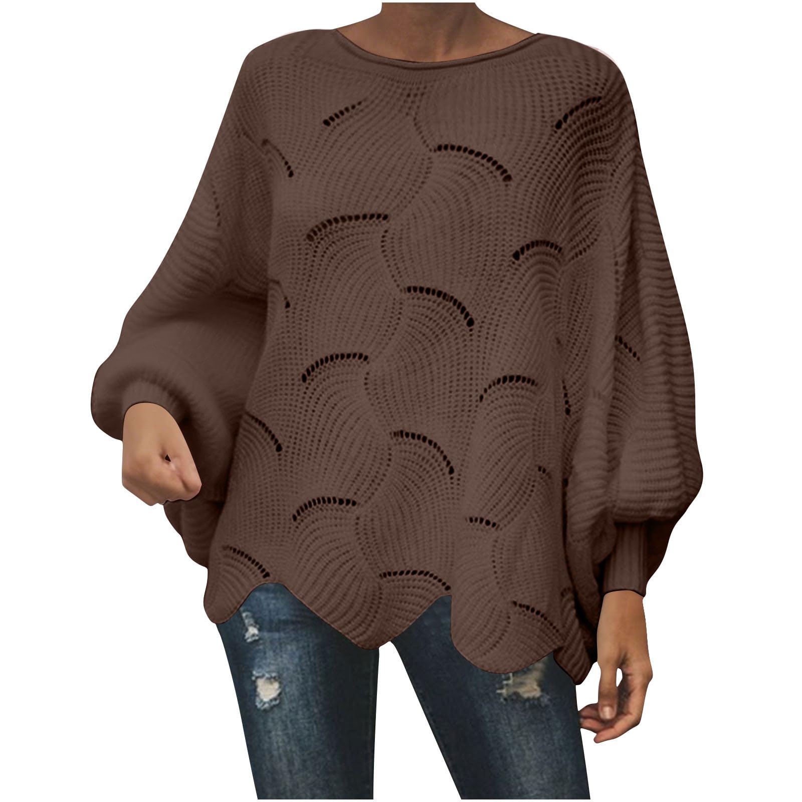 Womens Plus Size Casual Sweaters Crew Neck Long Sleeve Knitted Pullover Trendy Solid Color Hollow Out Loose Sweaters