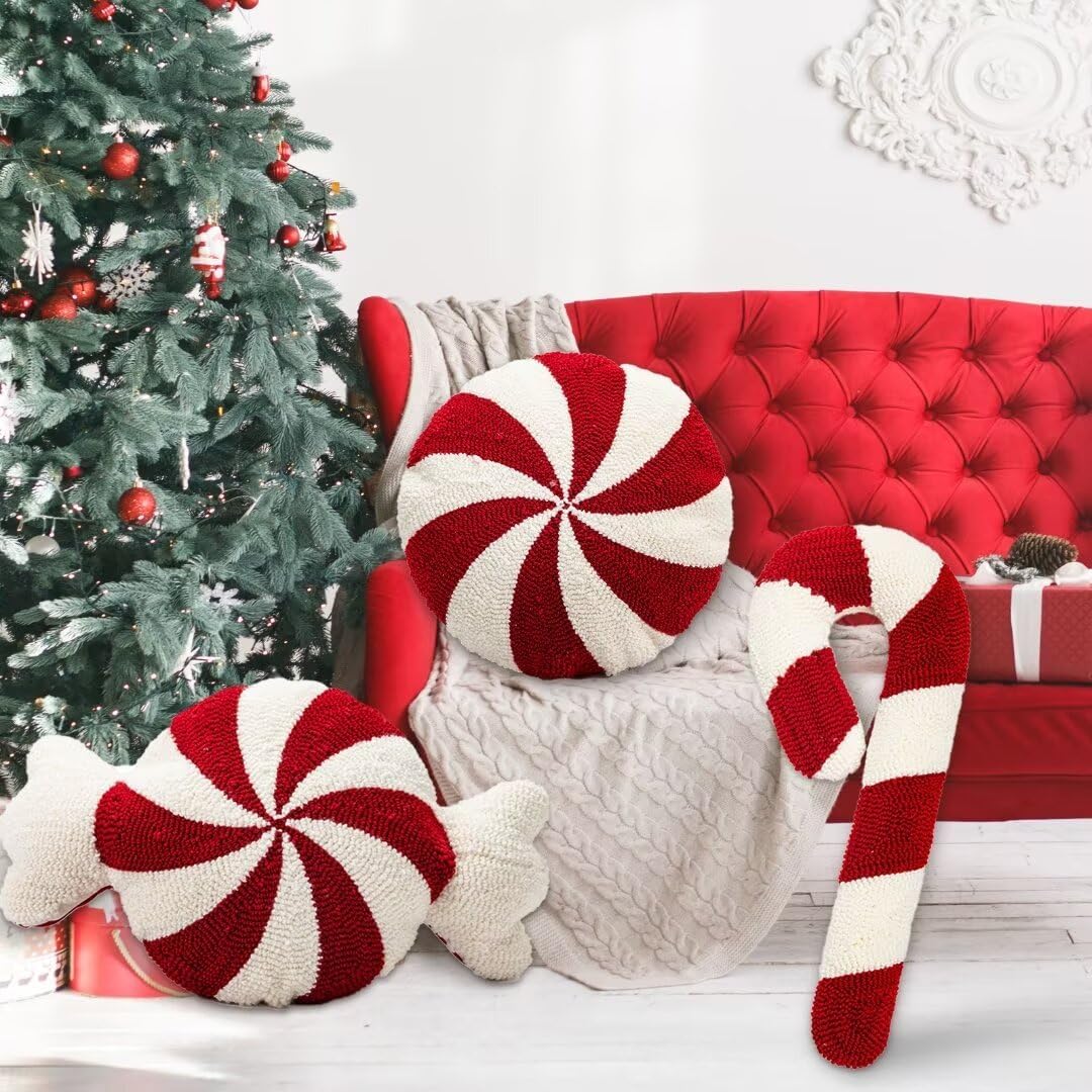Christmas Candy Cane Pillow, Red White Peppermint Throw Pillow, Lollipop Pillow Christmas Tree Stuffed Pillows Soft Xmas Plush Cushion for Sofa Couch Bedroom Living Room(3Pcs)