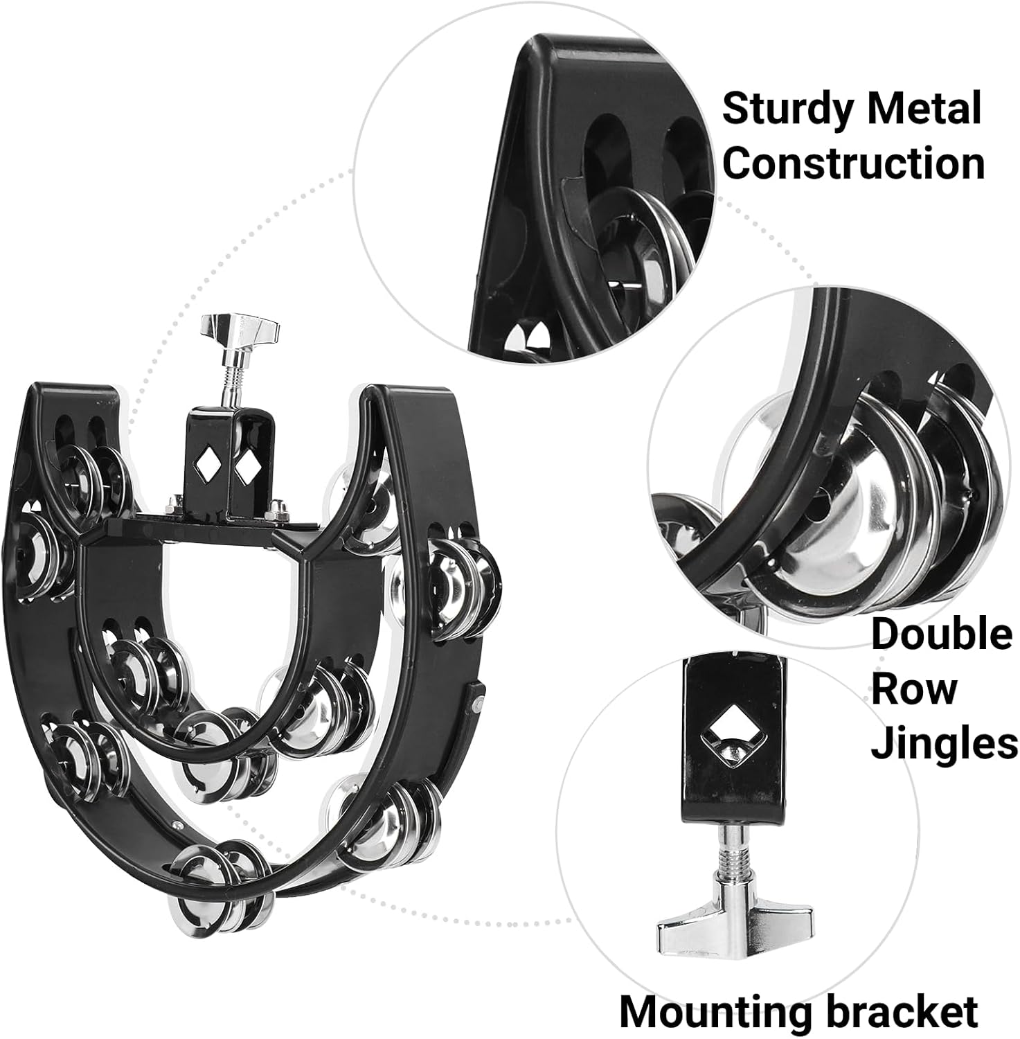 Half Moon Hi Hat Tambourine with Mounting Bracket Double Row Jingles Hand Bells Percussion for Drum Set and Live Performance