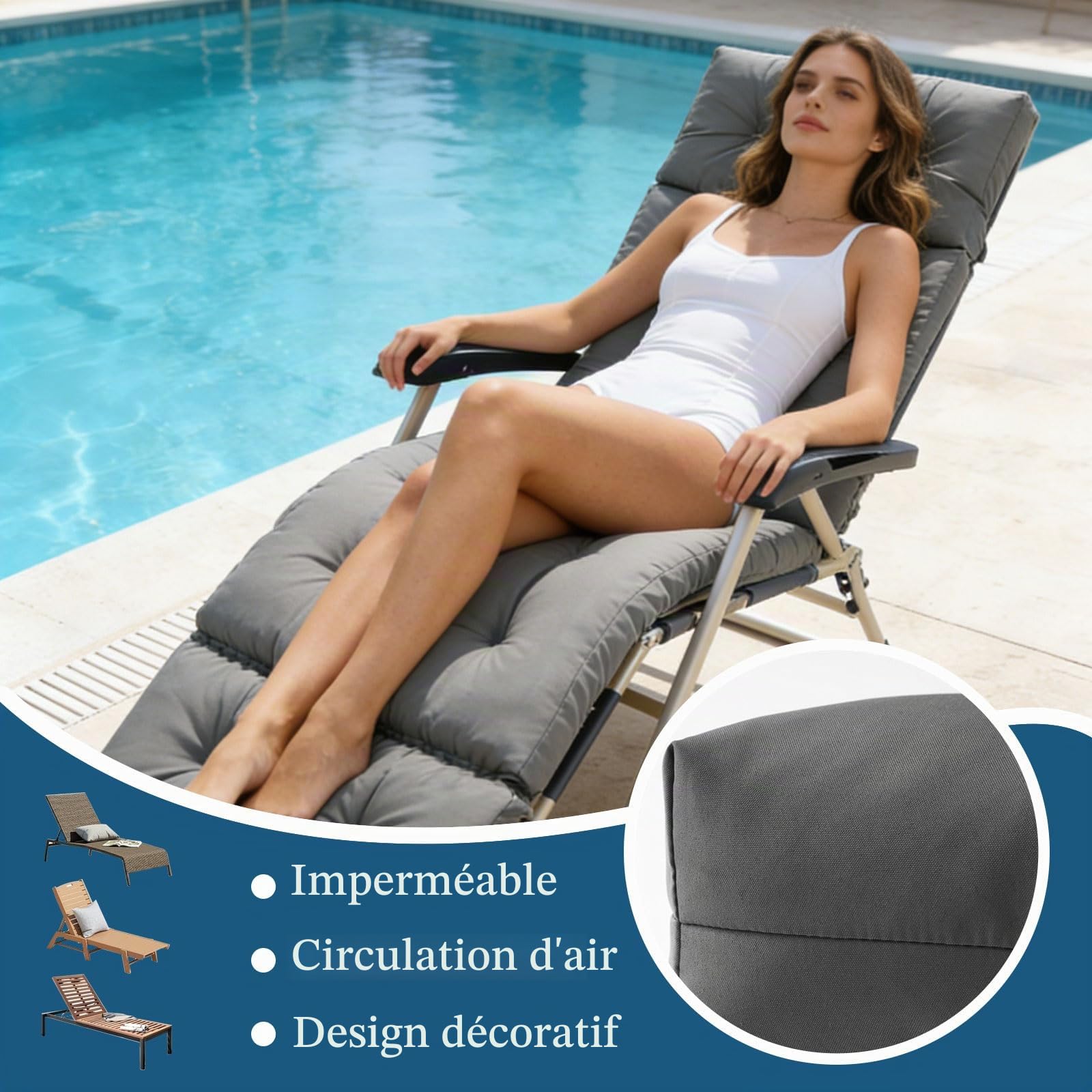 Coussin de Chaise Longue, 190x55x10cm Gris