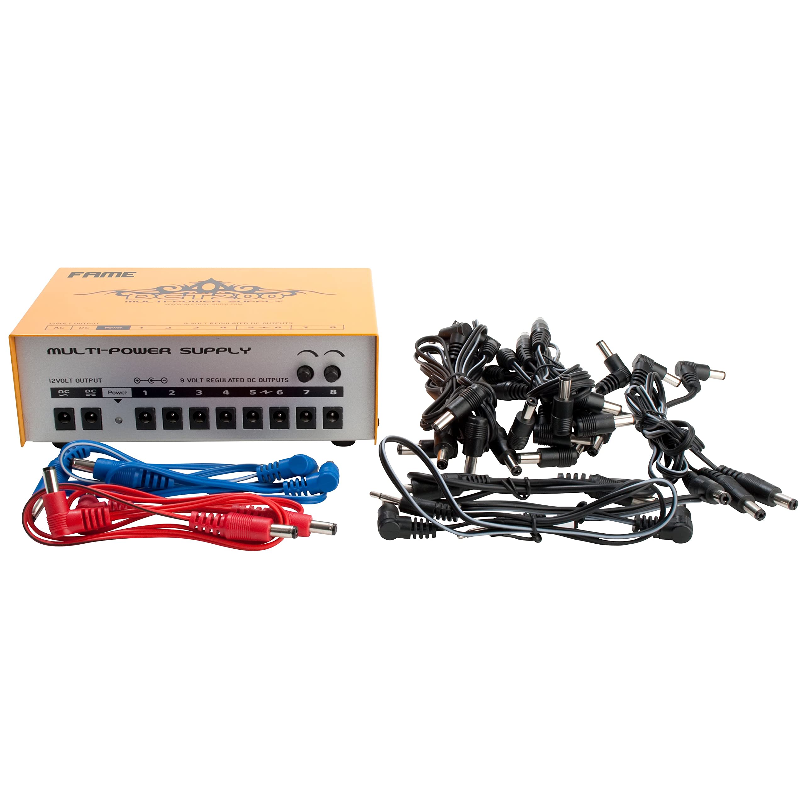 Fame DCT-200 Multi-Power Supply, Universelles Netzteil für Effektgeräte, 1100mA, AC/DC, 8X 9V DC, 1x 12V DC, 1x 12V AC, Kurzschlusssicherung, inklusive Kabelzubehör