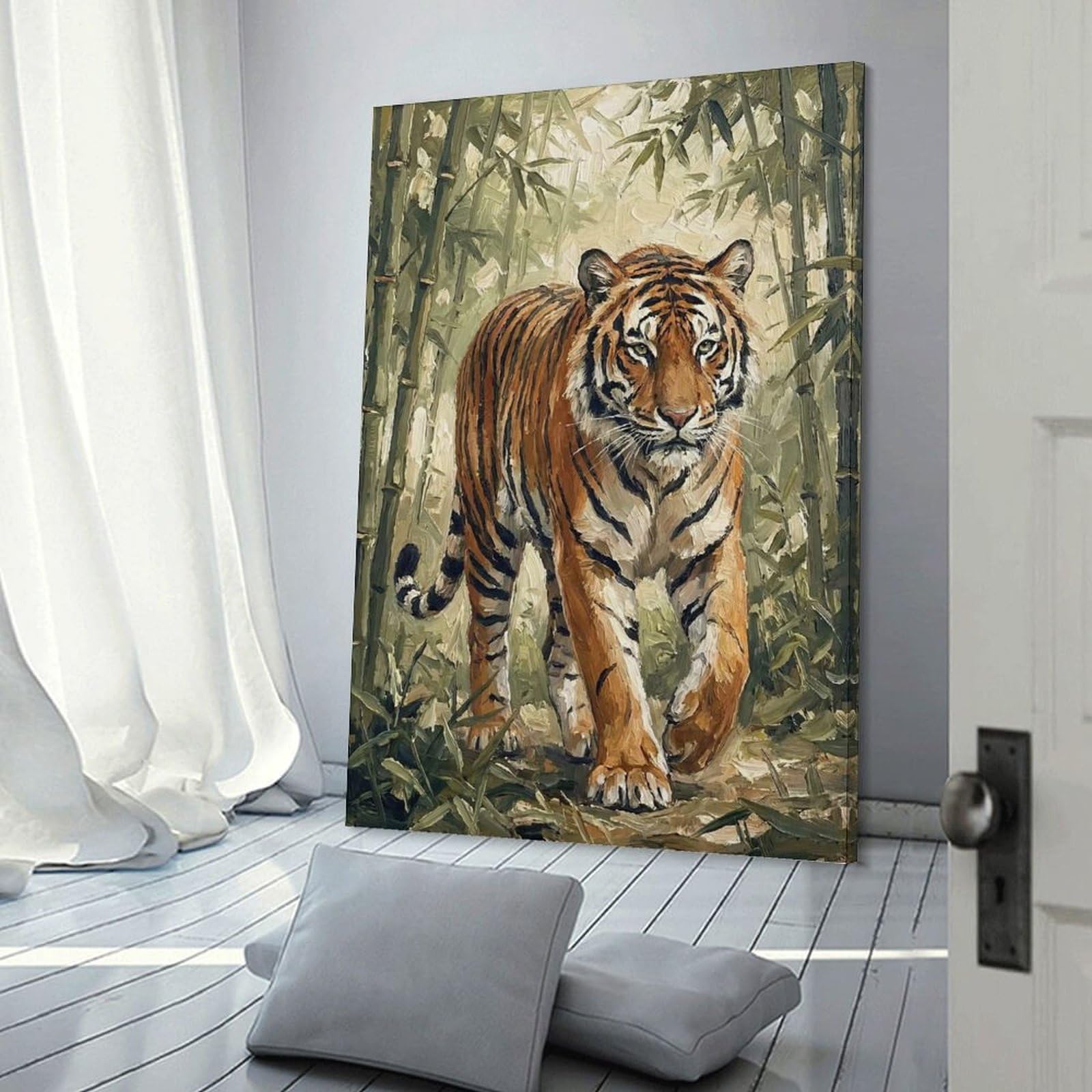 Junmoney Tiger in Bamboo Forest Painting Hanging Wall Art 12x18inch(30x45cm), for Study, Office Or Focused Interiors, Wall Art That Adds Style to Work Areas