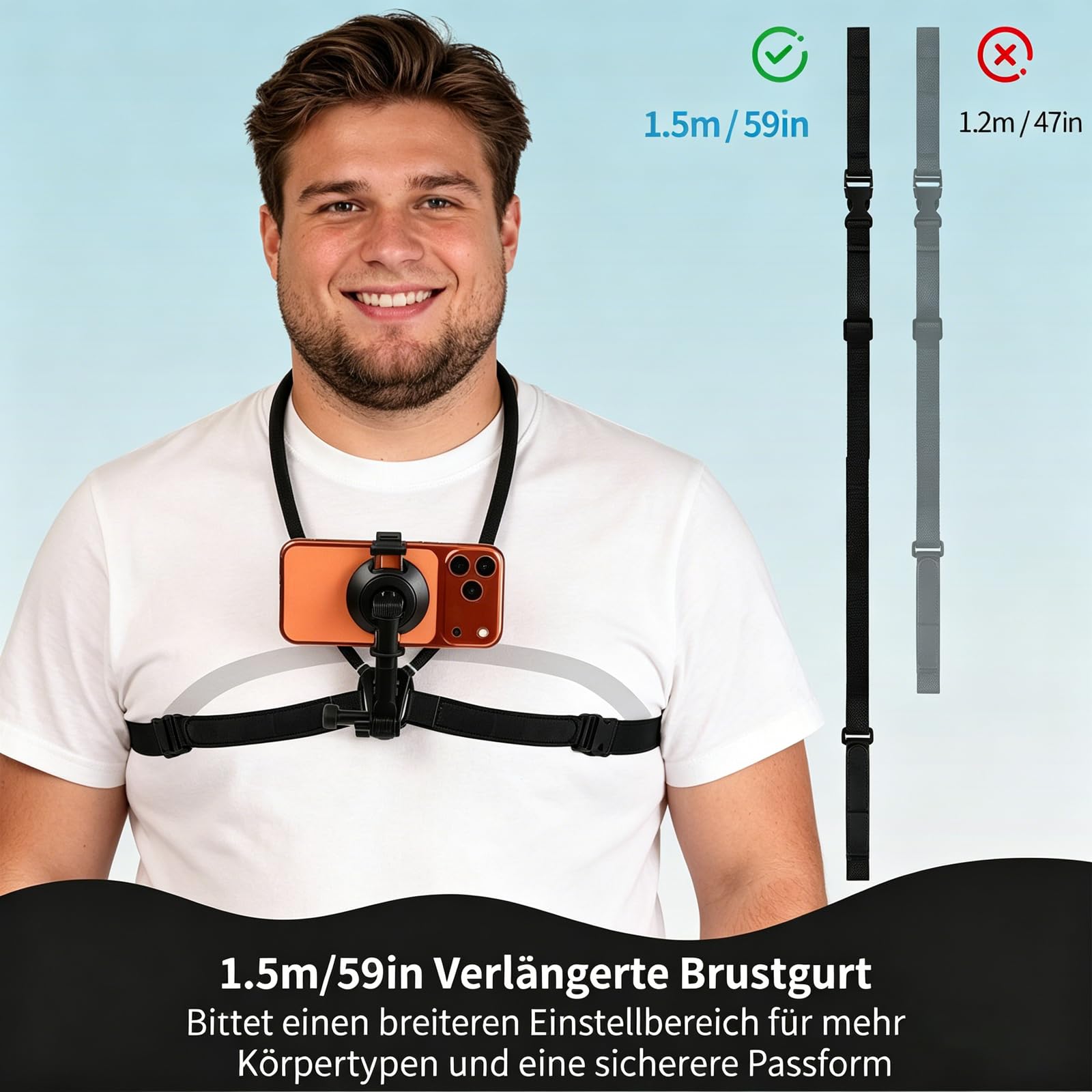 Nackenhalterung Handy Brusthalterung mit 1,5m Brustgurt, POV Vlog Handyhalterung Hals mit Magnethalterung, 360° Drehbar Freihändig Handyhalter, Kompatibel mit iPhone 16/15/14, 4.7-7 Zoll Smartphones