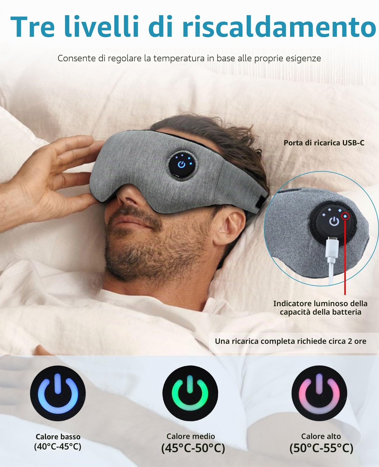 Maschera per occhi riscaldata, impacco caldo per occhi, maschera termica umida con fascia in velcro per trattamento blefarite e occhi secchi, 3 livelli di calore regolabili, lavabile e