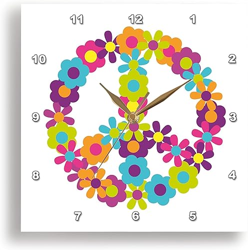 3dRose Wall Clock Silent - 15 inch - Peace Sign Made Up of Blue, Pink, Purple, and Green Flowers - Sixties Retro