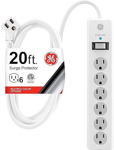 GE - Protector de sobretensión de 6tomas, extensión de 20pies, multicontactos, 800julios, enchufe plano, tapas de seguridad de cierre por torsión,