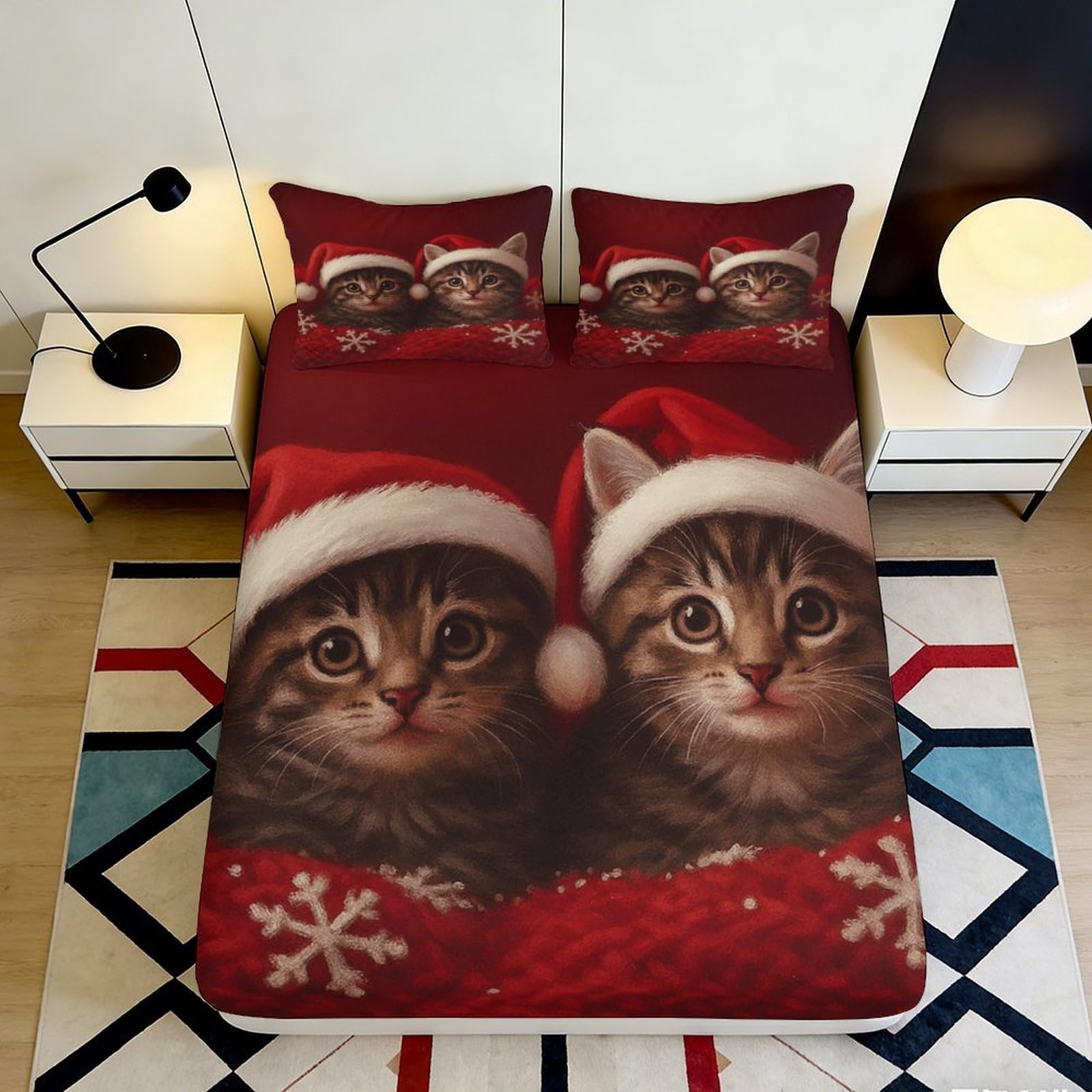 3D Printed Christmas Cat Fitted Sheet Microfiber Red Winter Santa Hat Bed Cover for Bedroom Guest Room Decor 90x200x25cm
