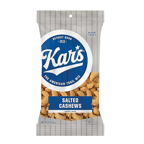 Kar's Nueces de anacardos salados, paquetes individuales de bocadillos de 3 onzas, paquete a granel de 12, mezcla de aperitivos sin gluten