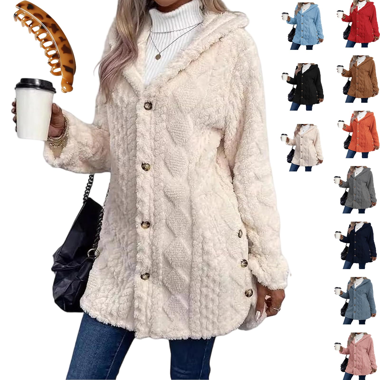 Womens Fall Winter Warm Fashion Jacquard Hooded Cardigan Long Sleeve Coat 2025 Casual School Daily Button Down Coat