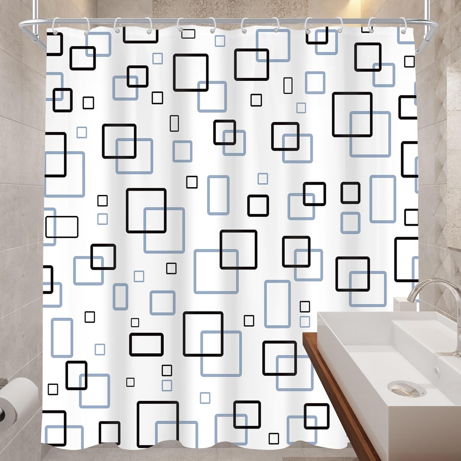Cinbloo Abstract Black Blue 72Wx84H Shower Curtain Exrta Long Modern Geometric Plaid White Navy Luxury Cute Checkered Square Grid Simple Bathroom Curtain Set Minimalism Bath Bathroom Accessories Decor