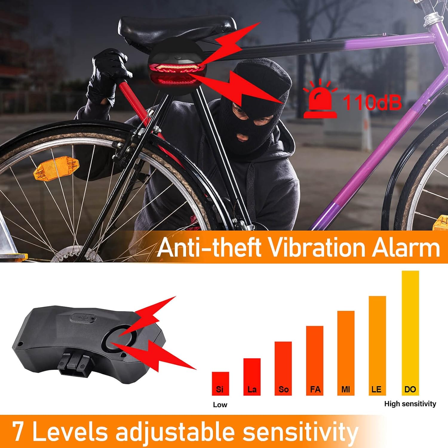 Image depicting the anti-theft vibration alarm with 110dB sound and 7 levels of adjustable sensitivity