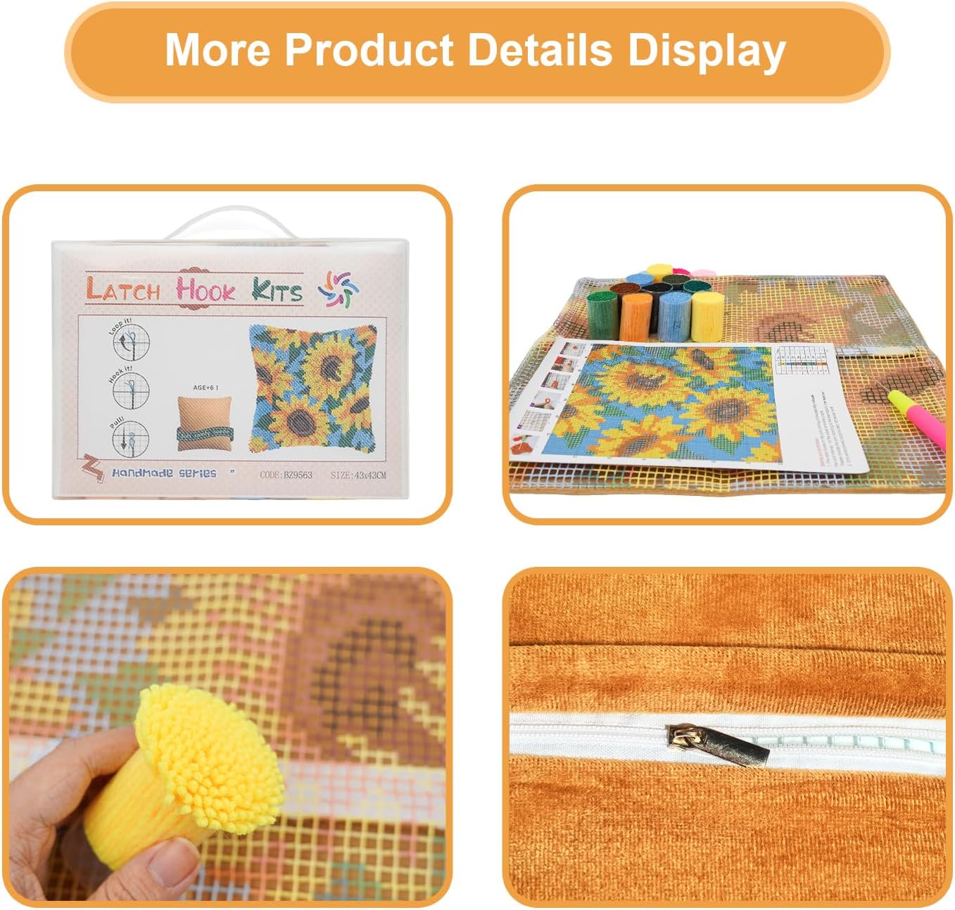 QIONG MENG Latch Hook Kits for Adults, DIY Sunflower Decor Pattern Pillow Cover Kit Needlework Cushion Cover Hand Craft Crochet for Home Sofa Decorations Gifts 17 x 17 Inch