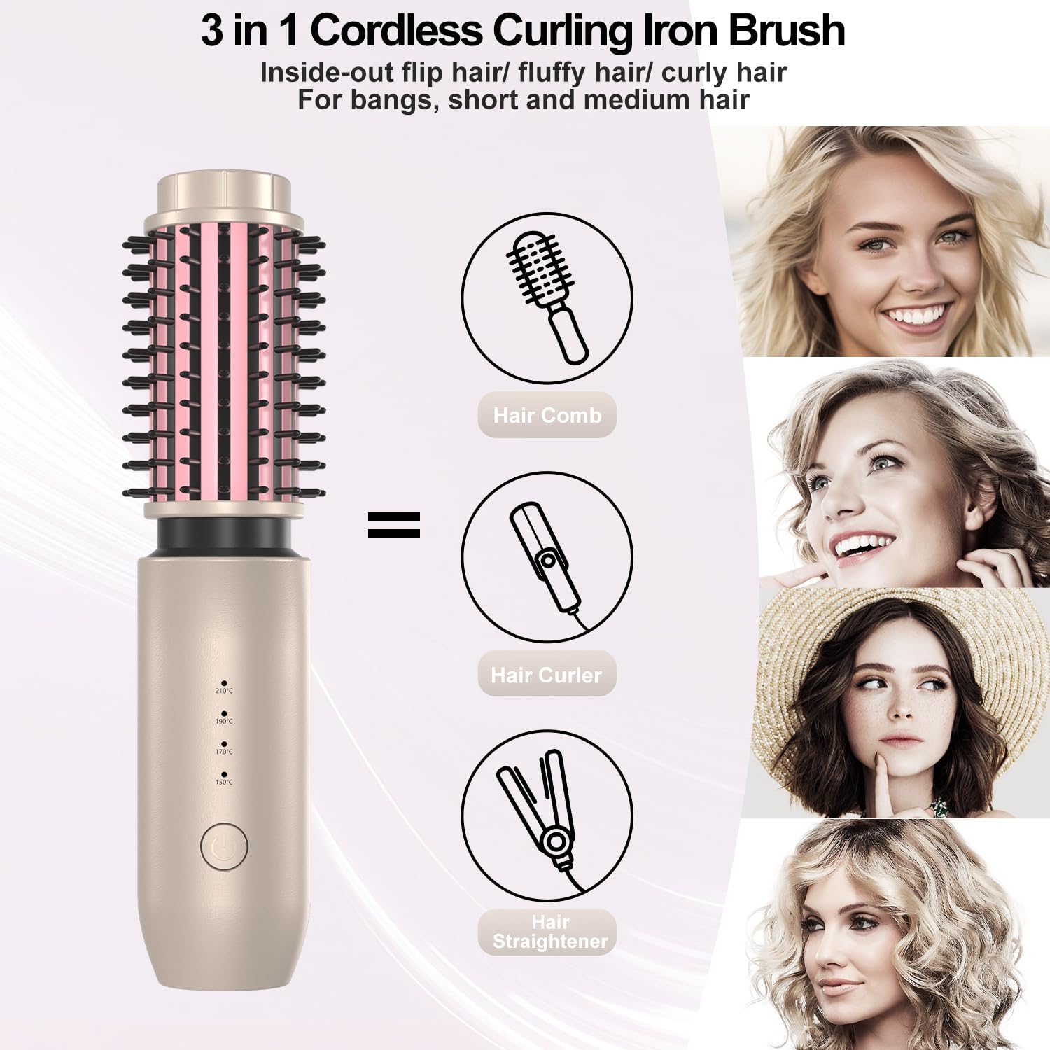 Brosse Thermique sans Fil, Brosse Chauffante Céramique avec 4 Températures Réglables, Portable Rechargeable Fer à Boucler, Brosse Ronde Chauffante pour Coiffante de Voyage