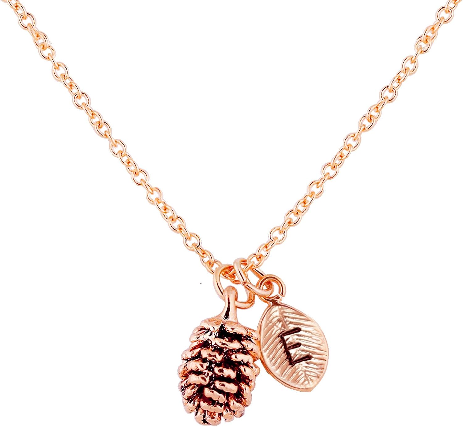 MignonandMignon Rose Gold Dainty Pinecone Necklace Initial Necklace Nature Necklace for Her