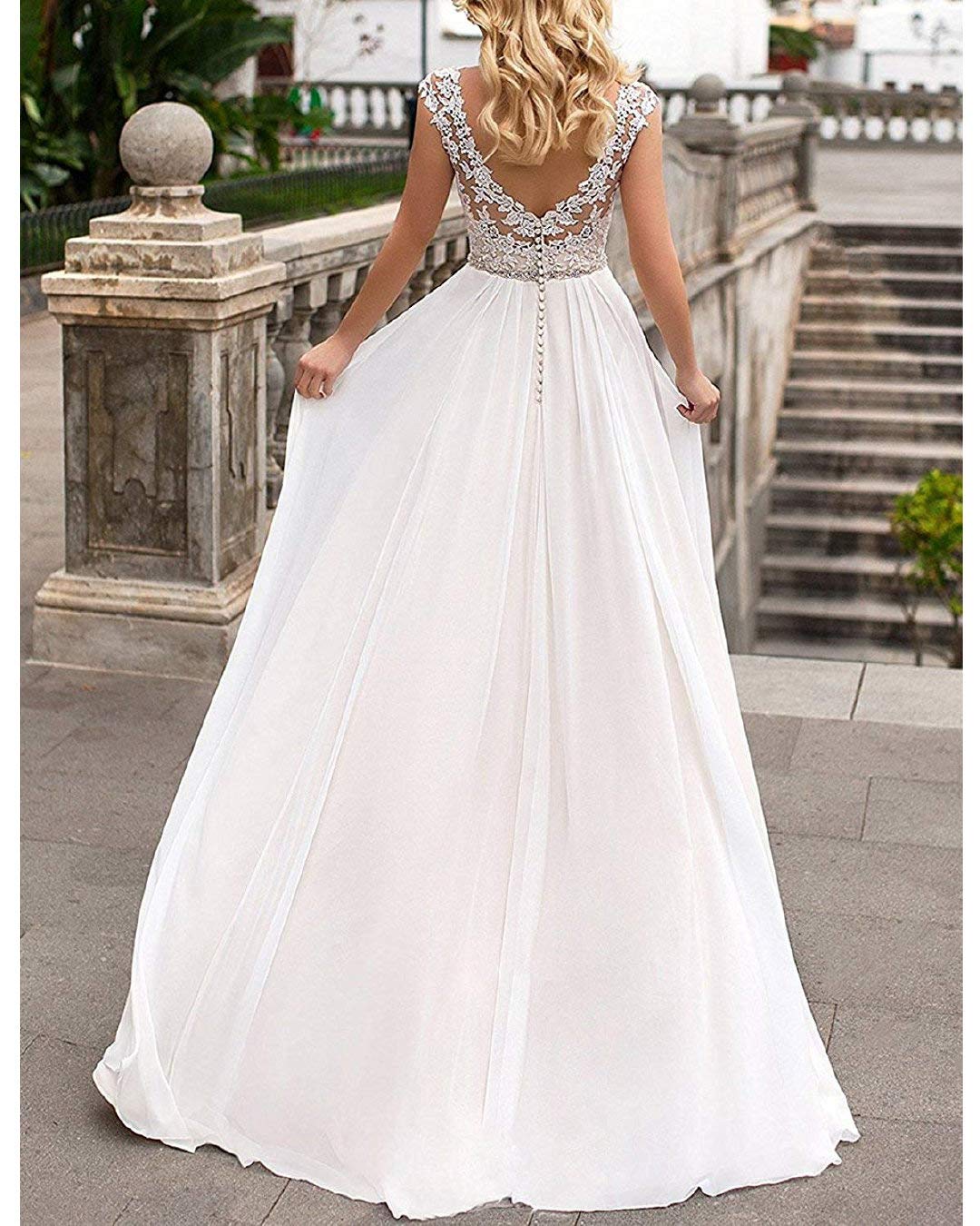Pizzo Chiffon Abito da Sposa Lungo Elegante Abito da Sposa Abiti da Sera P30, Avorio, 46