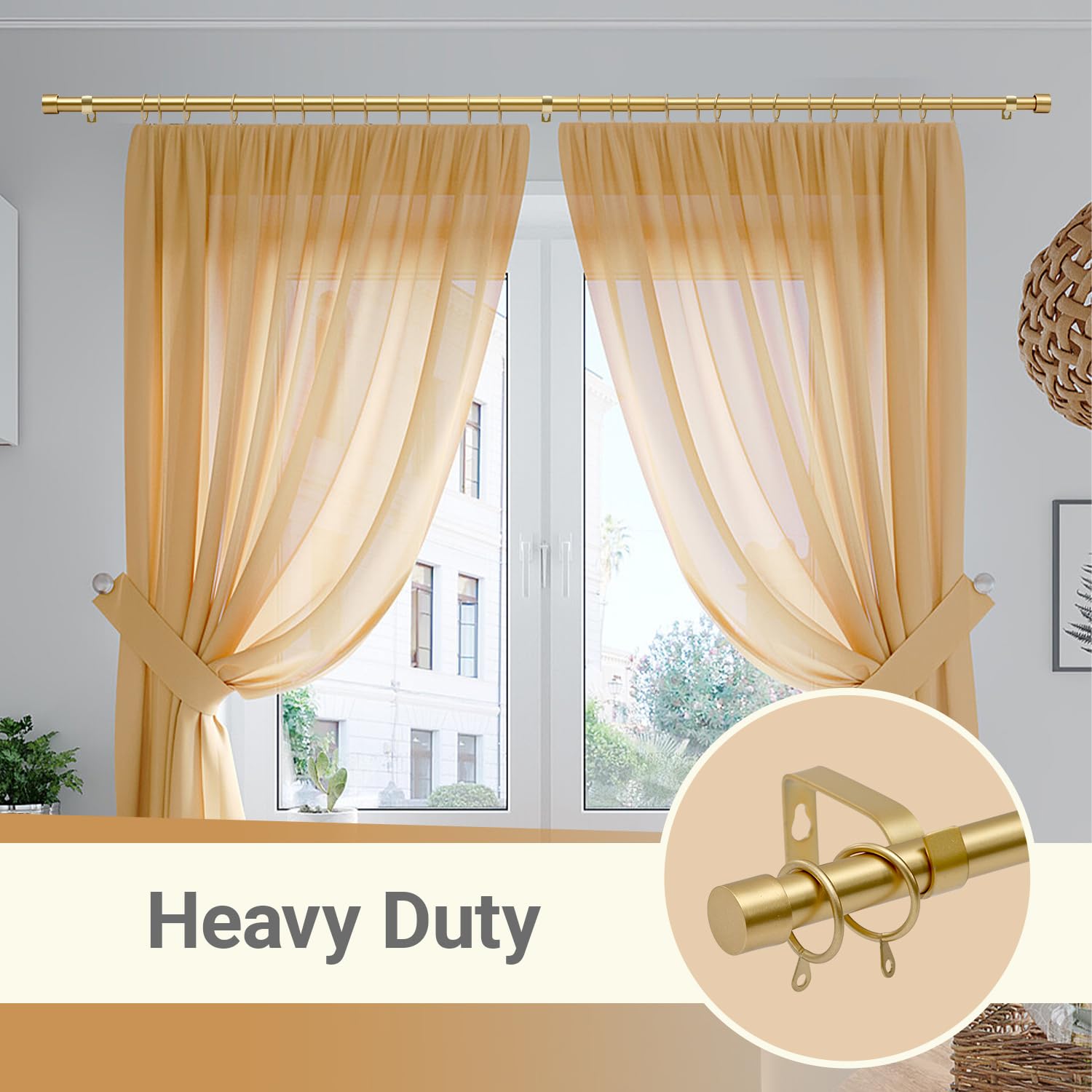 Tringle à rideaux extensible de 120 cm à 210 cm avec embouts dorés, 121,9 cm à 213,4 cm - Tringle à rideaux réglable avec tringles, embouts, supports et kits de quincaillerie