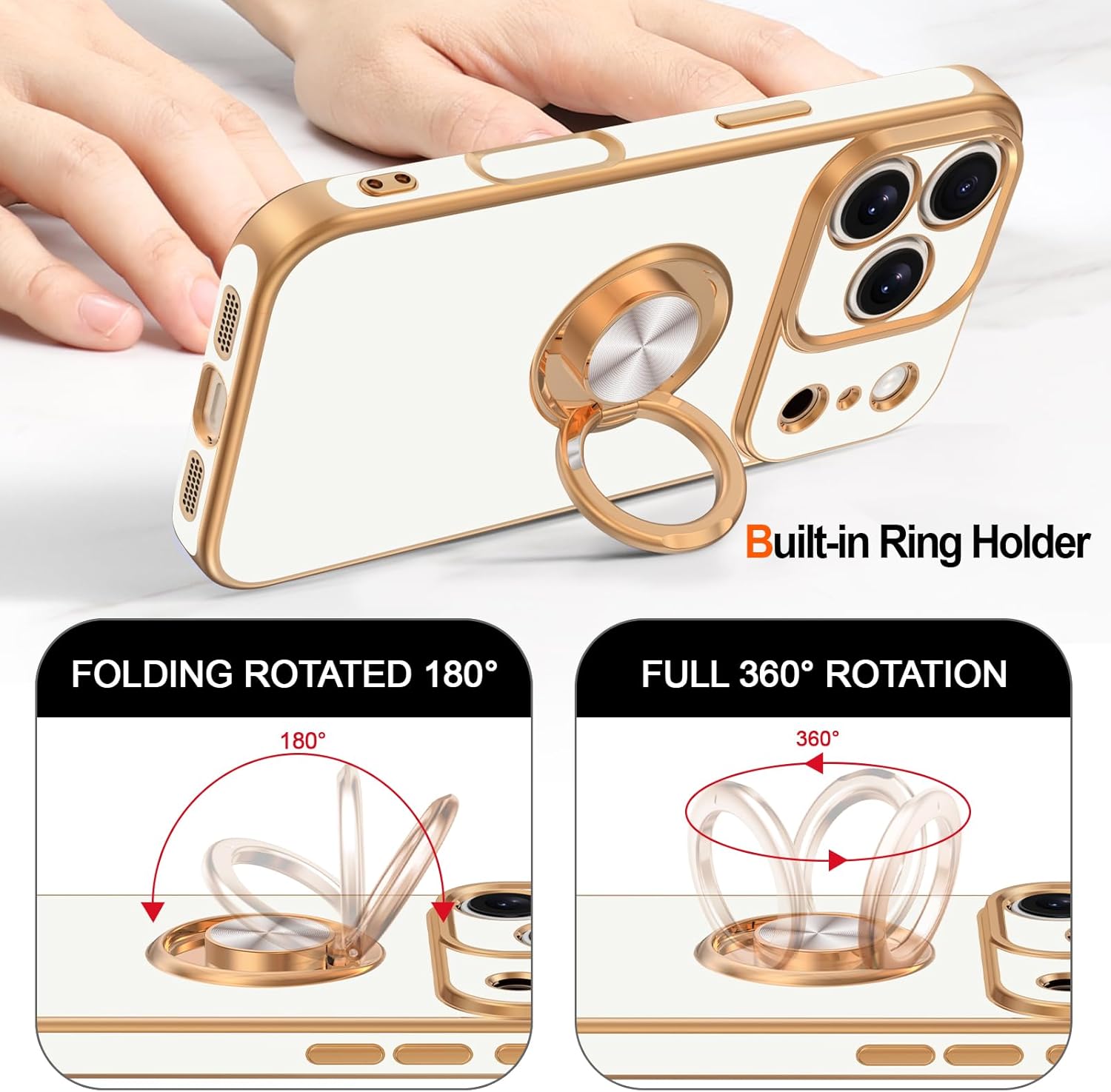 Hython for iPhone 17 Pro Max Case with Ring Stand, 360° Rotatable Ring Holder Magnetic Kickstand, Plating Rose Gold Edge Soft Cover Protective Phone Case for iPhone 17 Pro Max 6.9", White - Image 4