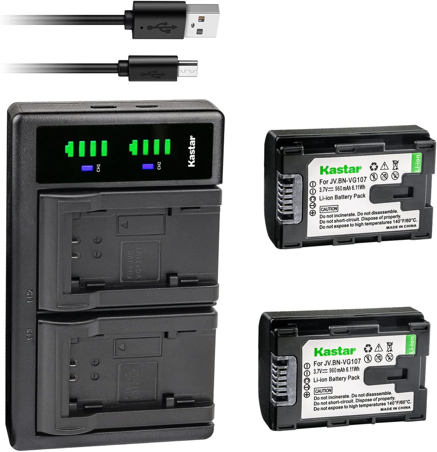 Kastar 2-Pack BN-VG107 Battery and LTD2 USB Charger Replacement for JVC BN-VG107 BN-VG107AC BN-VG107E BN-VG107EU BN-VG107U BN-VG107US BN-VG107USM BN-VG108 BN-VG108AC BN-VG108E BN-VG108EU BN-VG108U