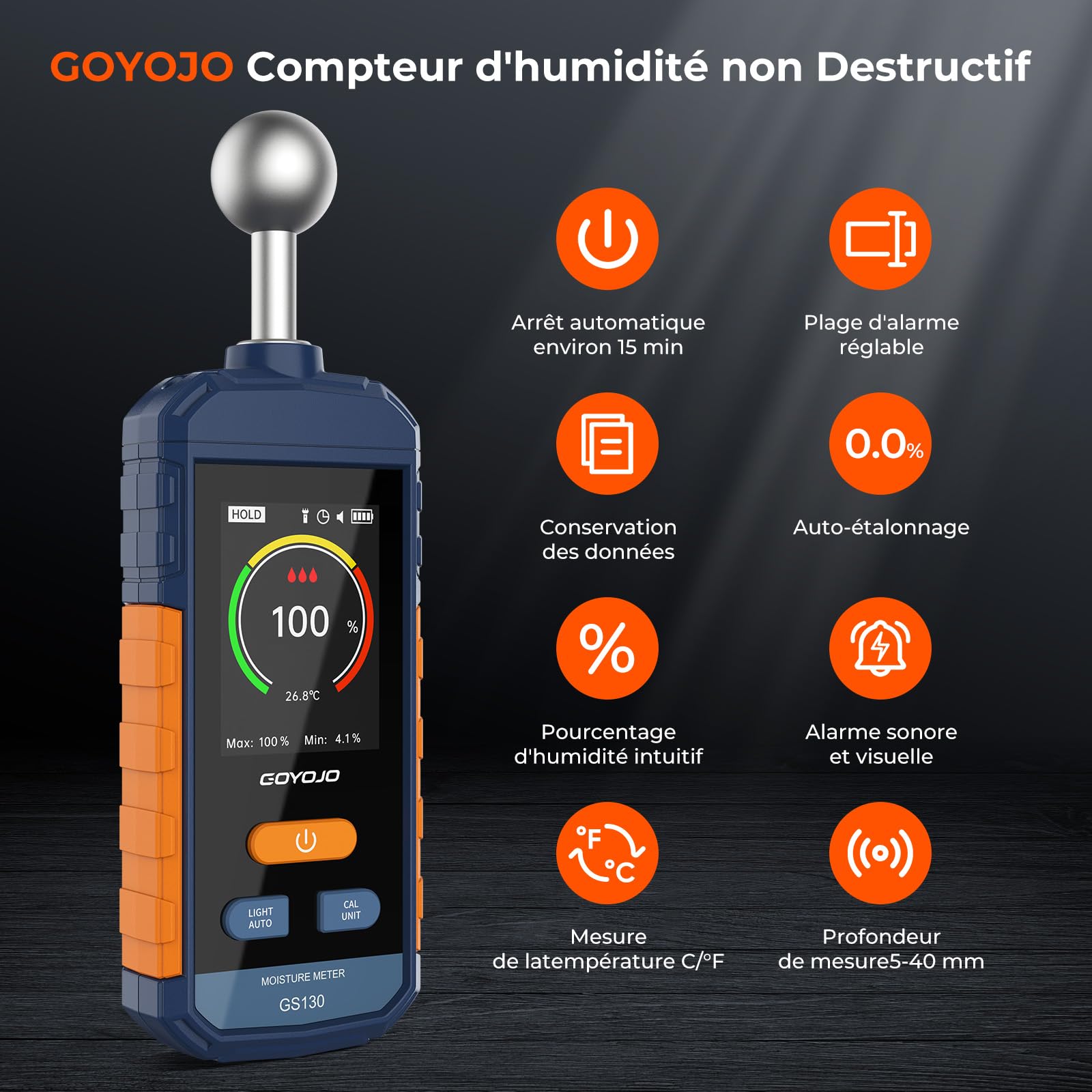 Testeur Humidité, GOYOJO Humidimètre Mural Rechargeable Avec Capteur à Bille de 5 à 40 mm, Analyses non Destructives pour Bois/Murs/Chantiers, Alarmes Réglables et Affichage de la Température