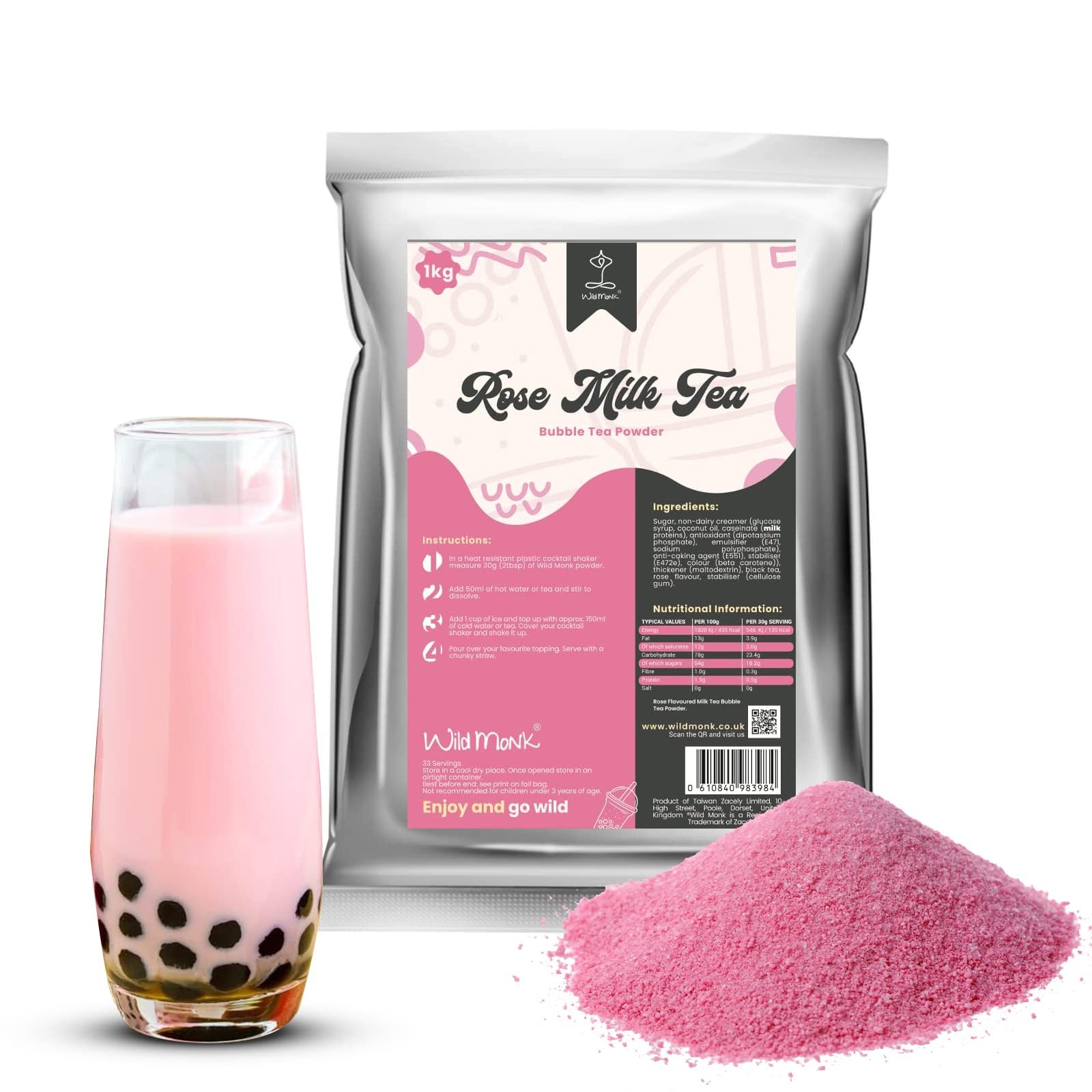 Rose Milk Tea Premium Bubble Tea Powder by Bubble Tea House Company (1 kg) - 33 Servings - Make Bubble Tea at Home - Ideal for Frappes, Coffee, Boba Tea, Milkshakes - Gluten Free, Halal Certified