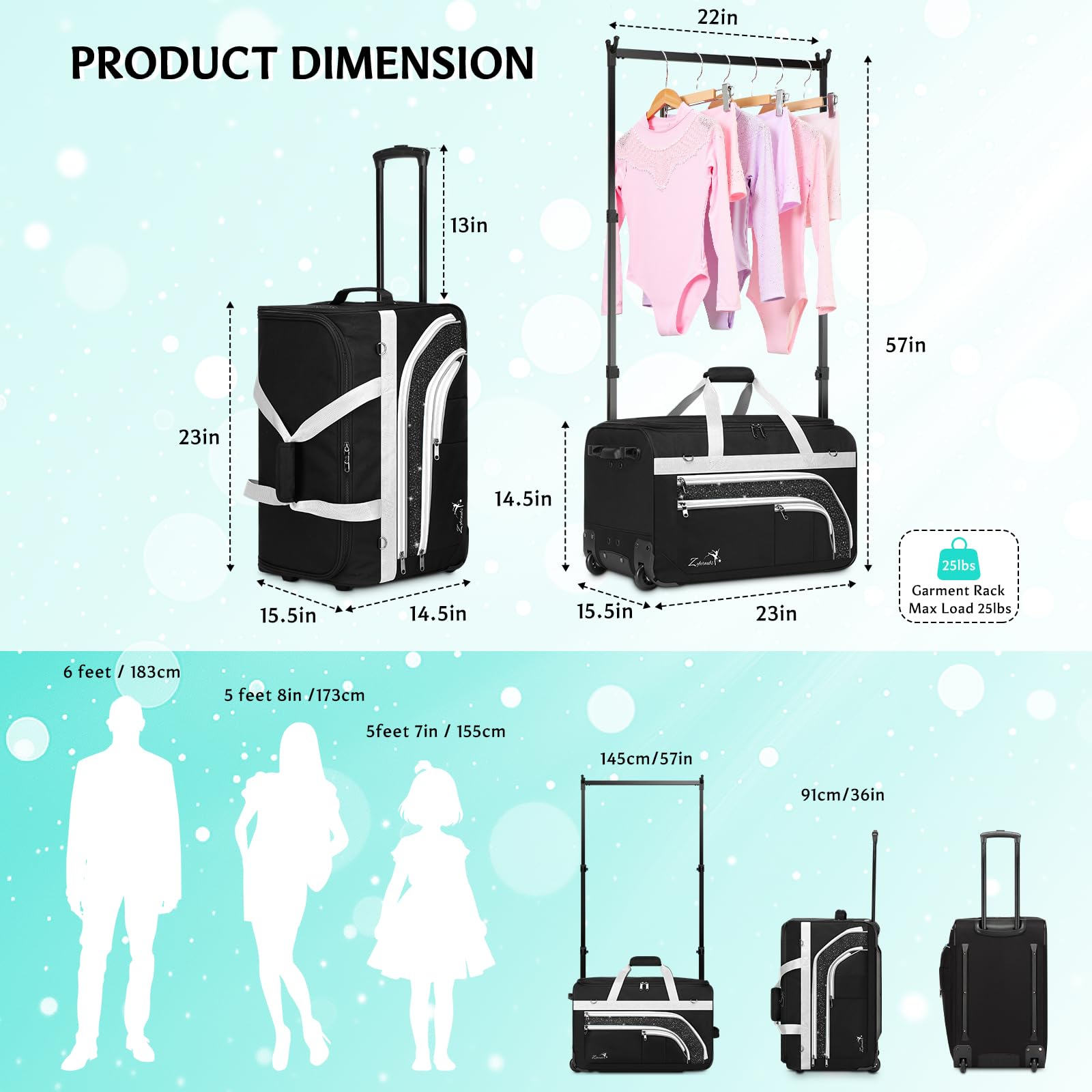 Borsa da ballo con appendiabiti, grande borsa da ballo con ruote, per ballerine, ragazze, donne, pieghevole, borsa da viaggio per danza, Grigio-23" Senza Tende, alla moda