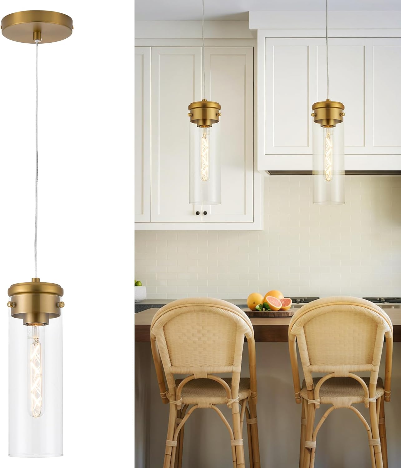 Brushed Gold Pendant Light Hanging Light - Industrial Pendant Lighting Fixtures for Kitchen Island - 1-Light Hanging Lights Over Sink, H3955-1-CLBG