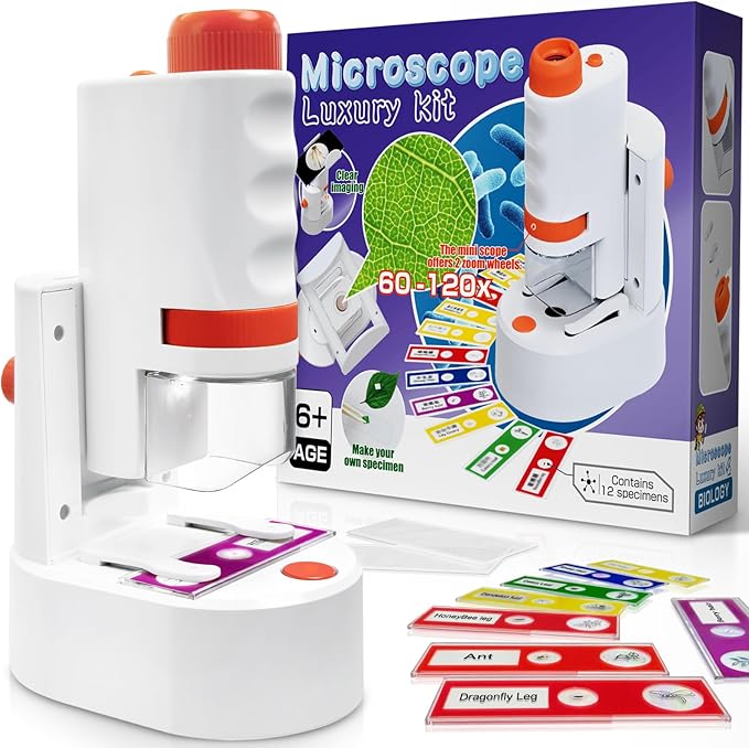 Kids Microscope Kit - Science Kit Portable Microscope for Toddlers, National Geographic Photo and Video Gifts for 3-10 Age with 10 Prepared Slides & 2 Blank Slides, Easy-to-Use