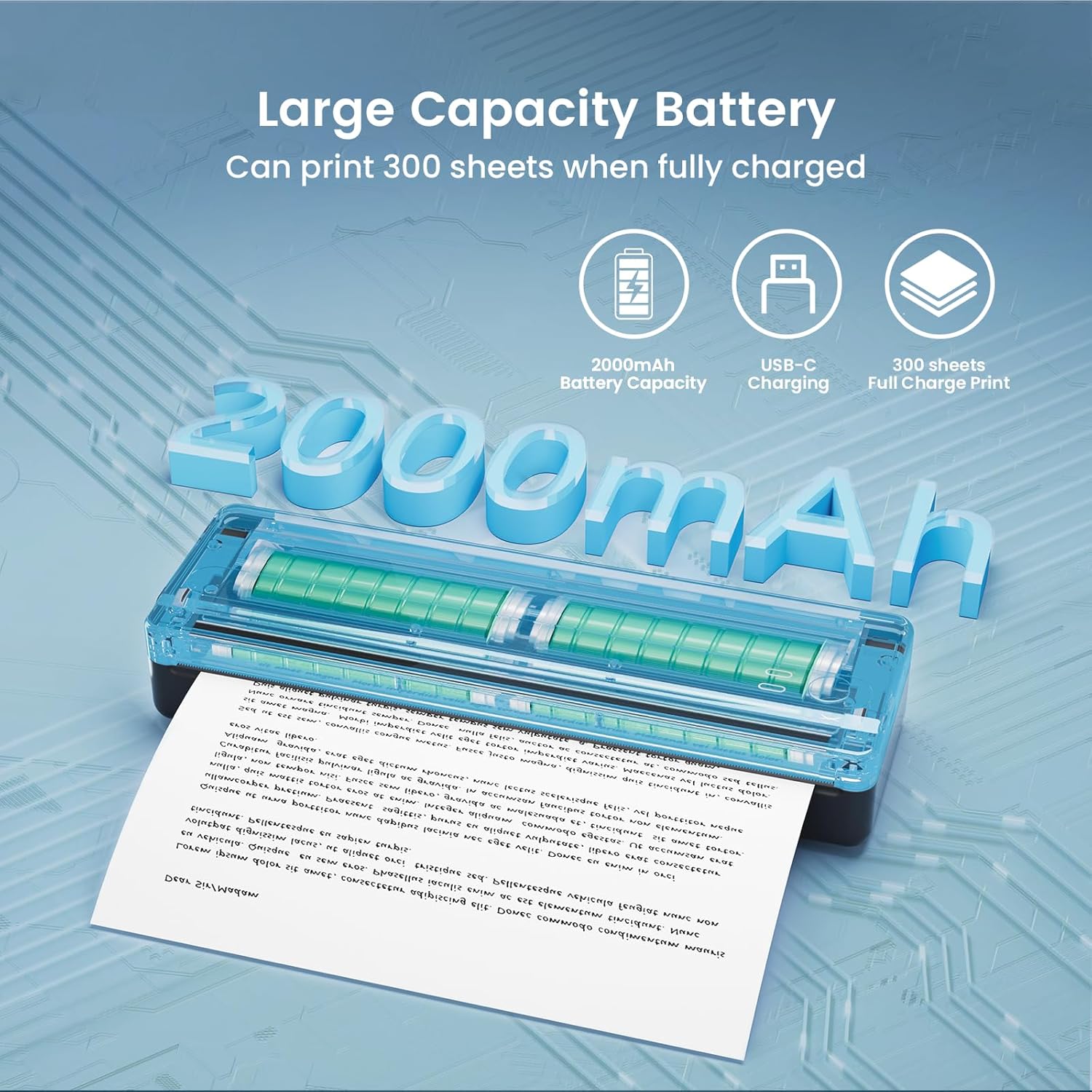 Vretti PB821 printer with a large 2000mAh battery graphic, indicating USB-C charging and capacity for 300 sheets on a full charge.