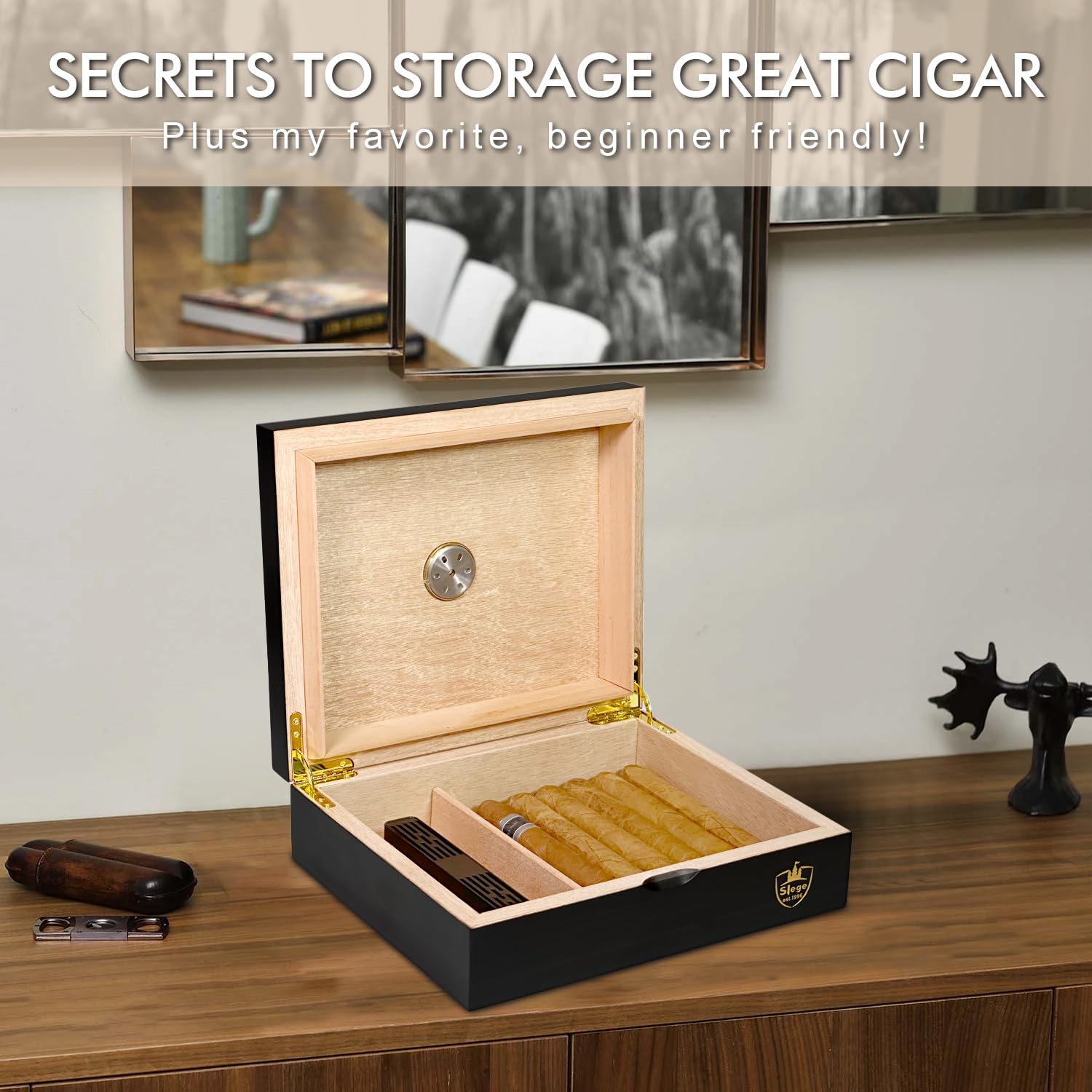 Slege Zigarren Humidore, Humidor-Zigarren,Spanische Zeder Holz Zigarrenbox,mit Humidor Befeuchter,Hygrometer,Teiler,einzelne Schicht,Männer Geschenk Zigarren Zubehör (10-30 zigarren)