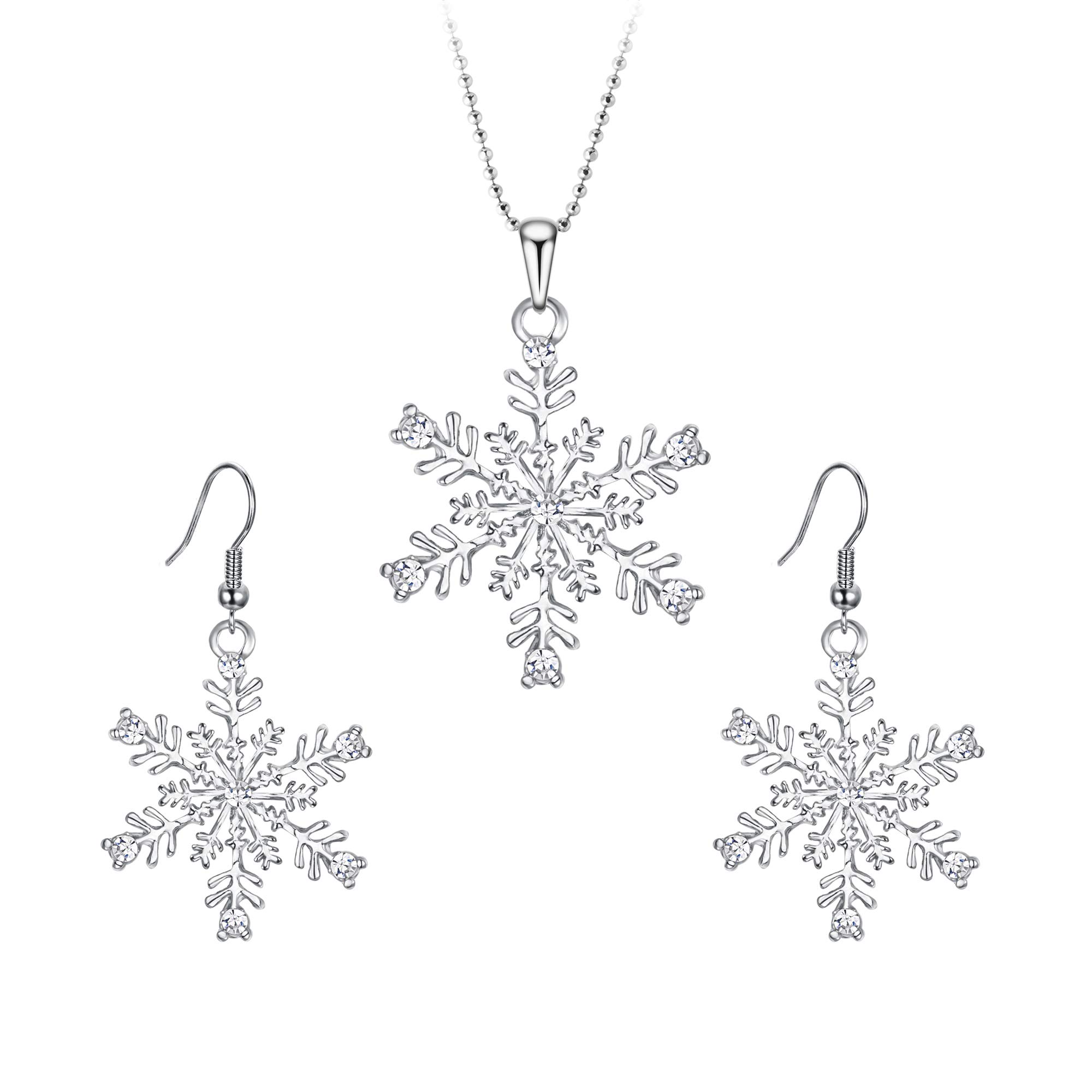 Silver-Tone Austrian Crystal Snowflake Pendant Necklace Earrings Set Clear