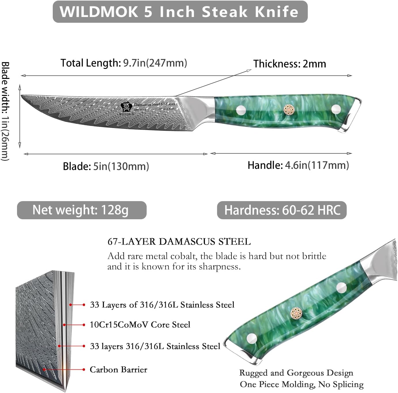 WILDMOK Steak Knives, 5 inch Non Serrated Steak Knife Set of 4, Japanese Damascus VG10 Steel Steak Knives, Dishwasher Safe Steak Knives, Premium Steak Knives Set with Gift Box