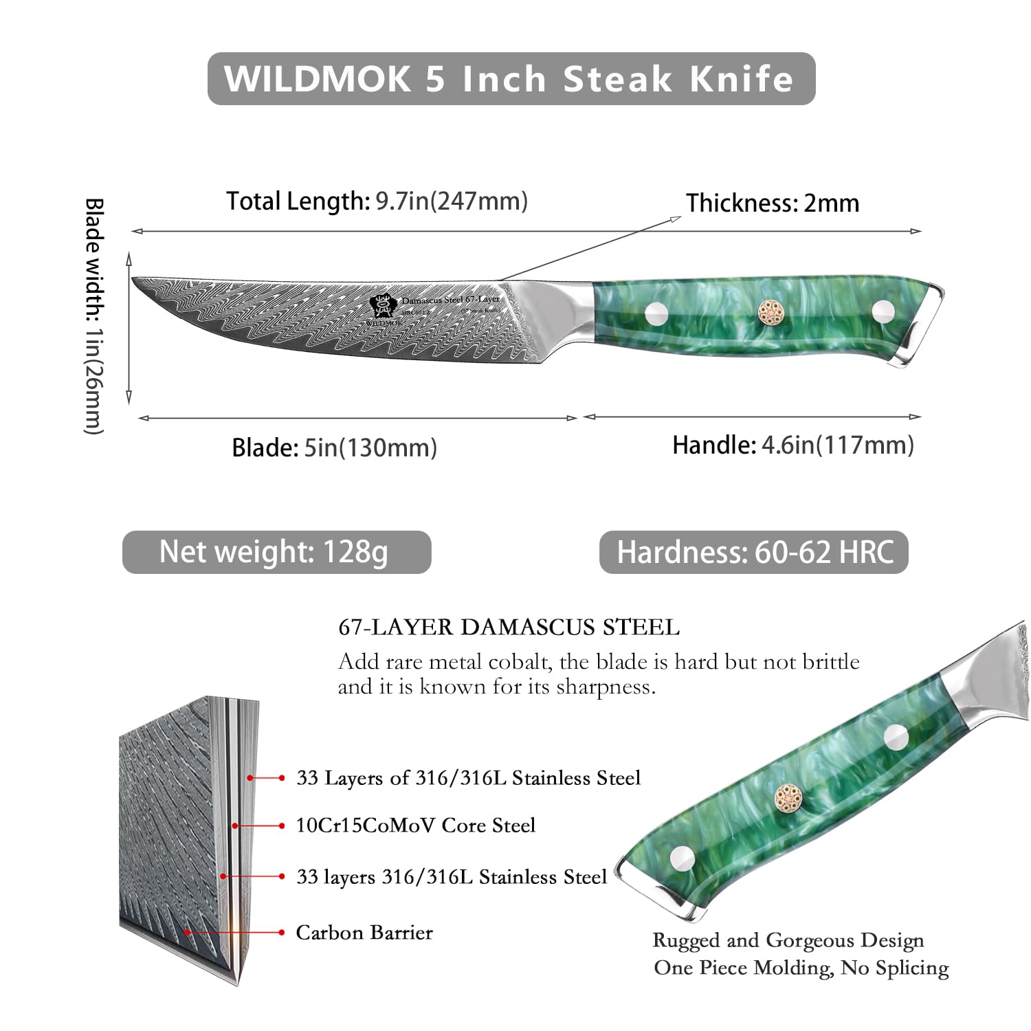 WILDMOK Steakmesser, 13cm nicht gezahnt, Steakmesser-Set mit 4 Stück, Steakmesser aus japanischem Damaststahl VG10, Premium-Steakmesser-Set mit Geschenkbox