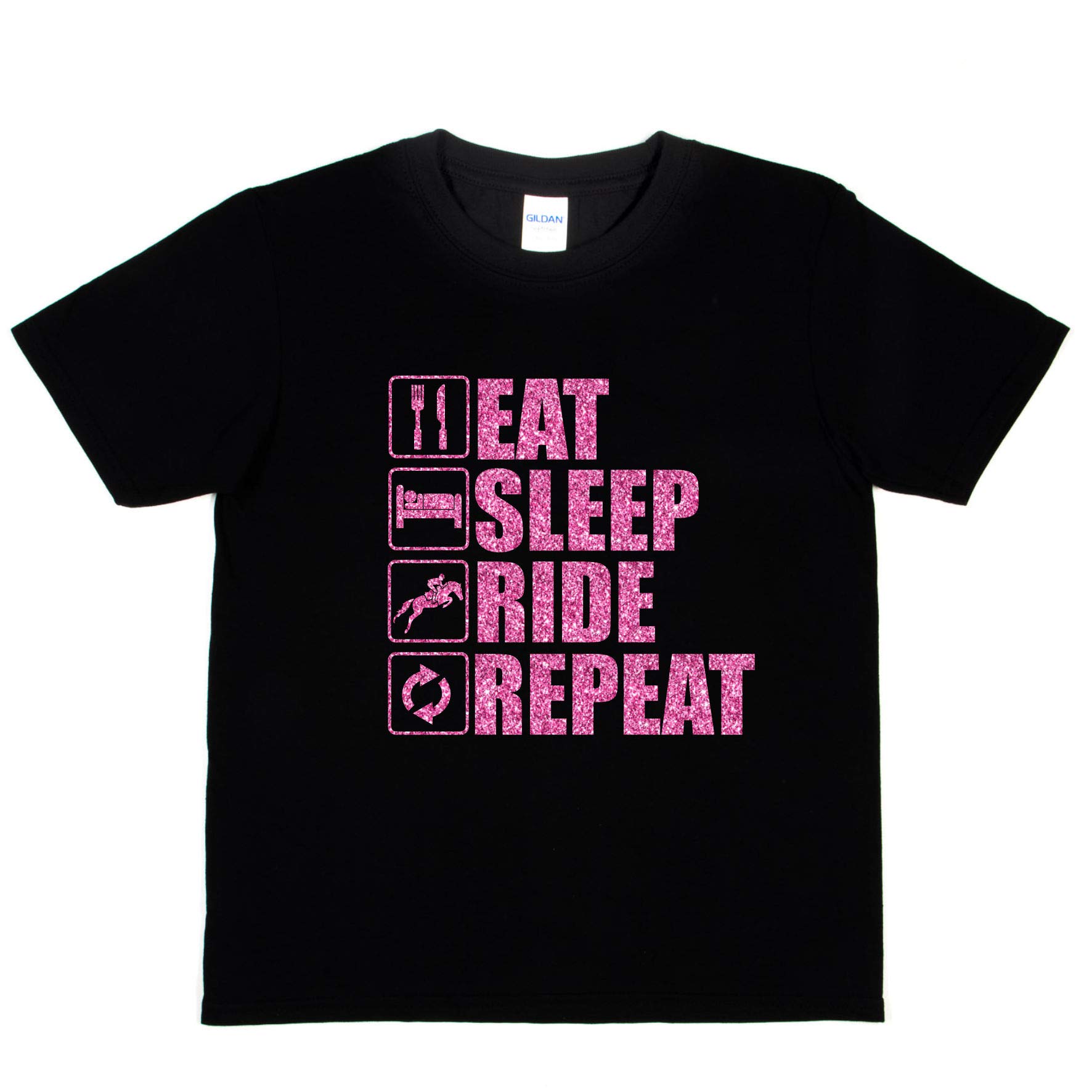 Print4u Girls Black T-Shirt Eat Sleep Ride Repeat Horse Riding Age 9-11
