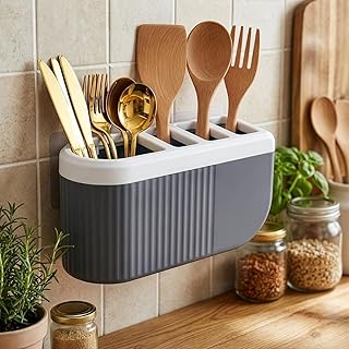 Xmart India Self-Adhesive Wall Mount Kitchen Cutlery Holder, 4-Compartment Knife Stand Organizer, Spoon Fork Chopstick Sto Price In India