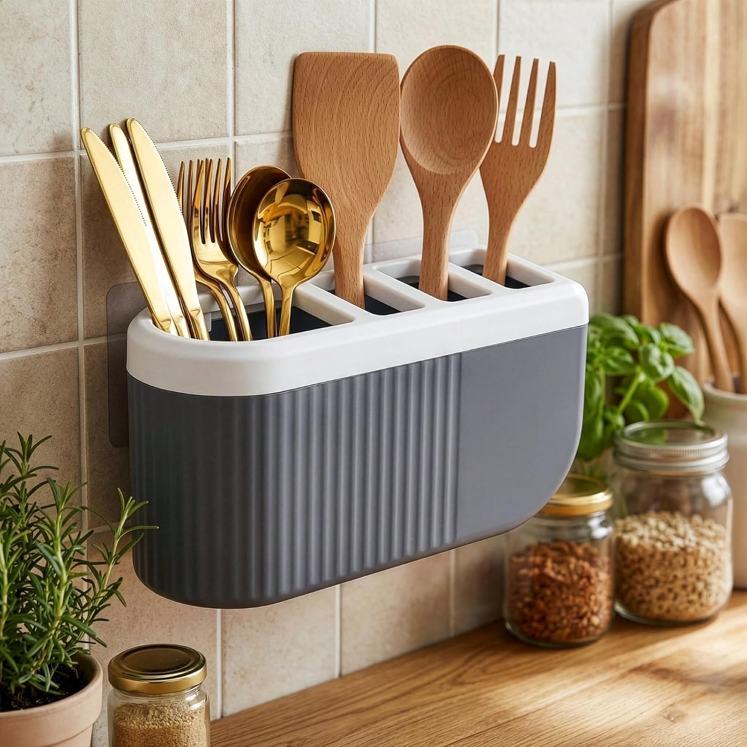 Self-Adhesive Wall Mount Kitchen Cutlery Holder, 4-Compartment Knife Stand Organizer, Spoon Fork Chopstick Storage Rack, Space-Saving No-Drill Utensil Holder for Kitchen
