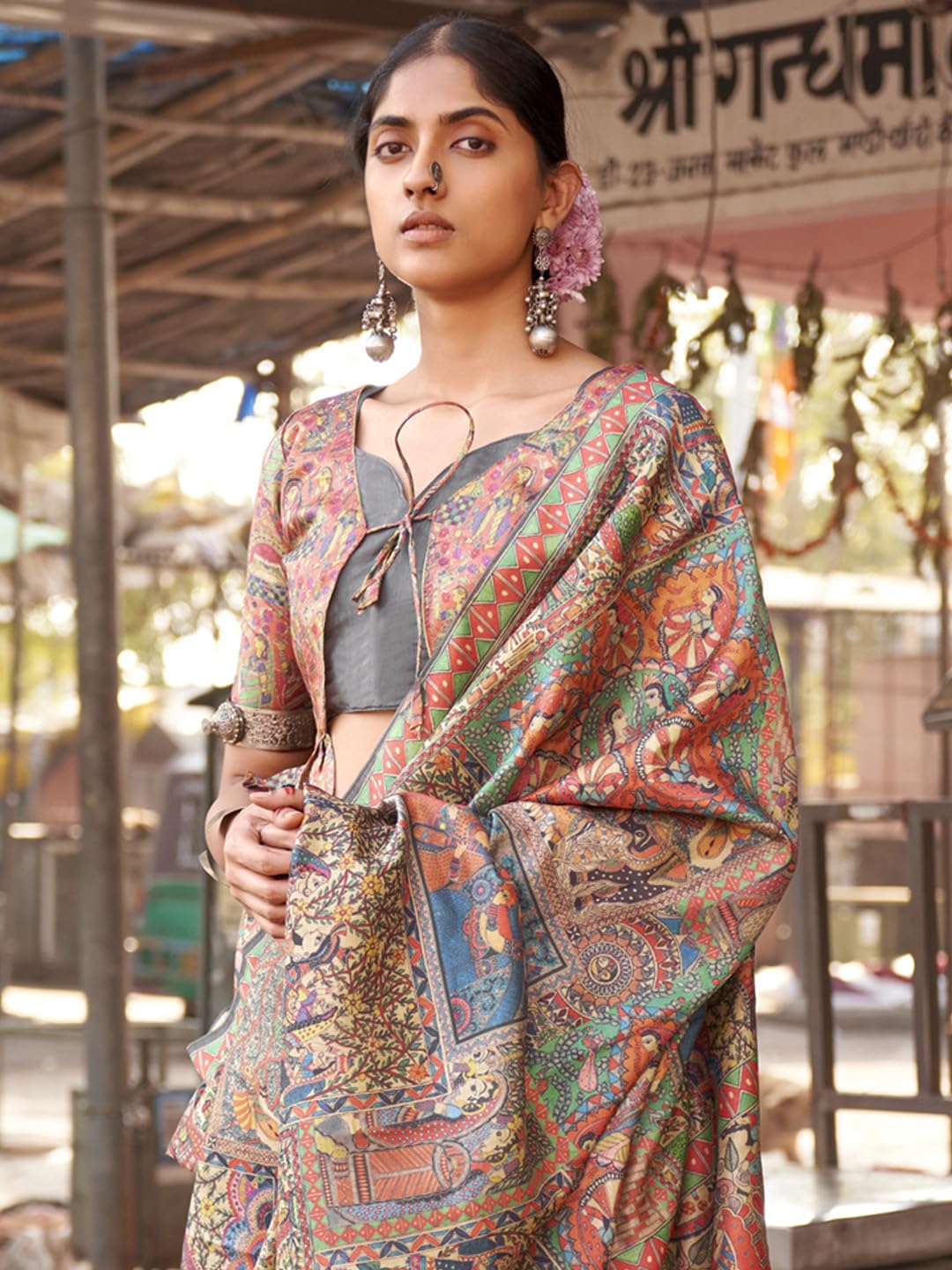 SAREE MALL Women's Banarasi Silk Madhubani Printed Saree With Unstitched Blouse Piece(Beige_PUSHPMNDI103_RS) 2