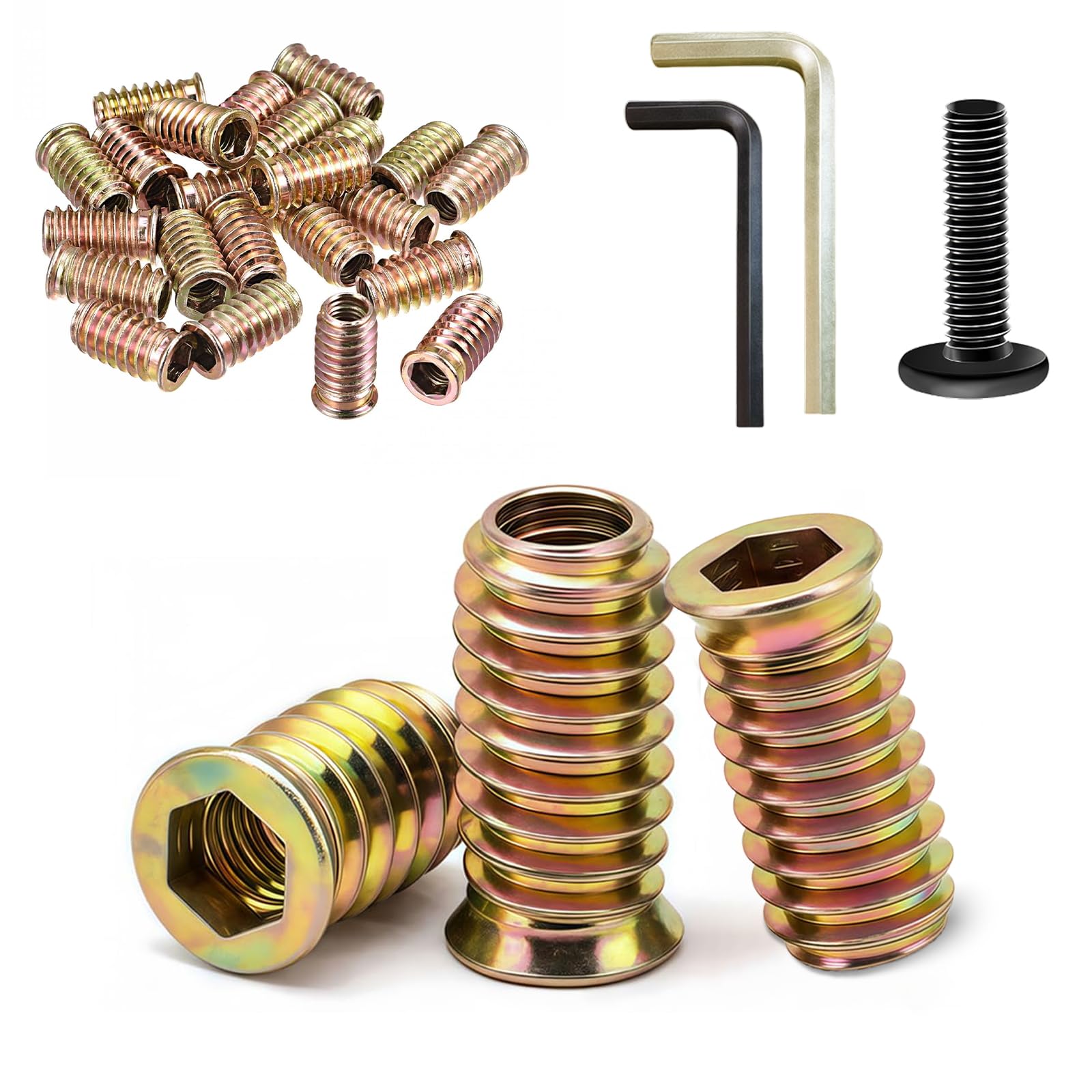 Jiahezhi 50 Pcs Threaded Inserts for Wood M6 x 25mm Zinc Alloy Hex Drive Threaded Nut Inserts Flanged Hex Socket Nuts Zinc Plated Carbon Steel Insert Nuts for Furniture Assembly and DIY Use