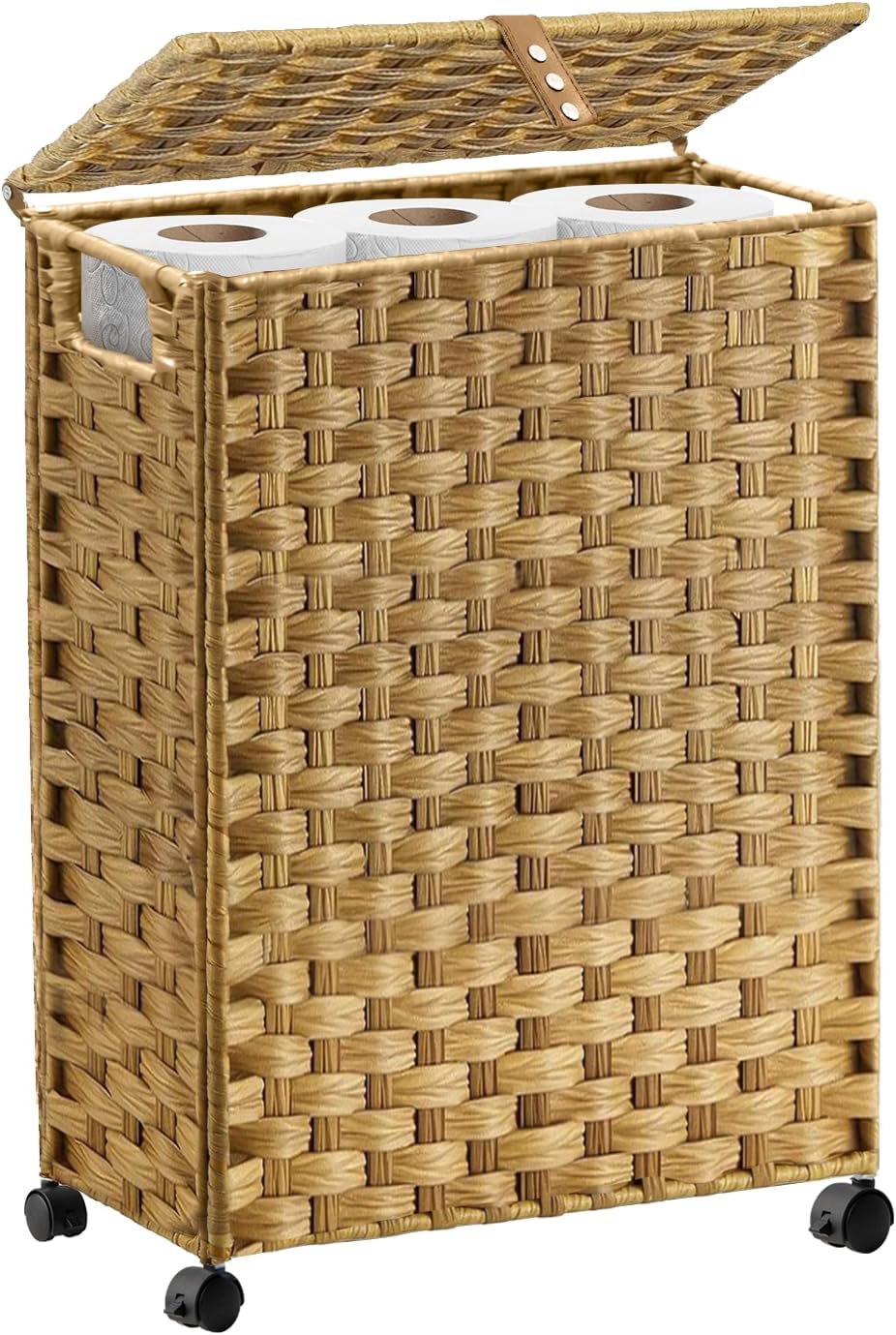 Toilet Paper Storage Basket with Lid and Wheels, Rattan Toilet Paper Holder Storage, Toilet Paper Organizer for Bathroom, Bedroom, Kitchen, Natural
