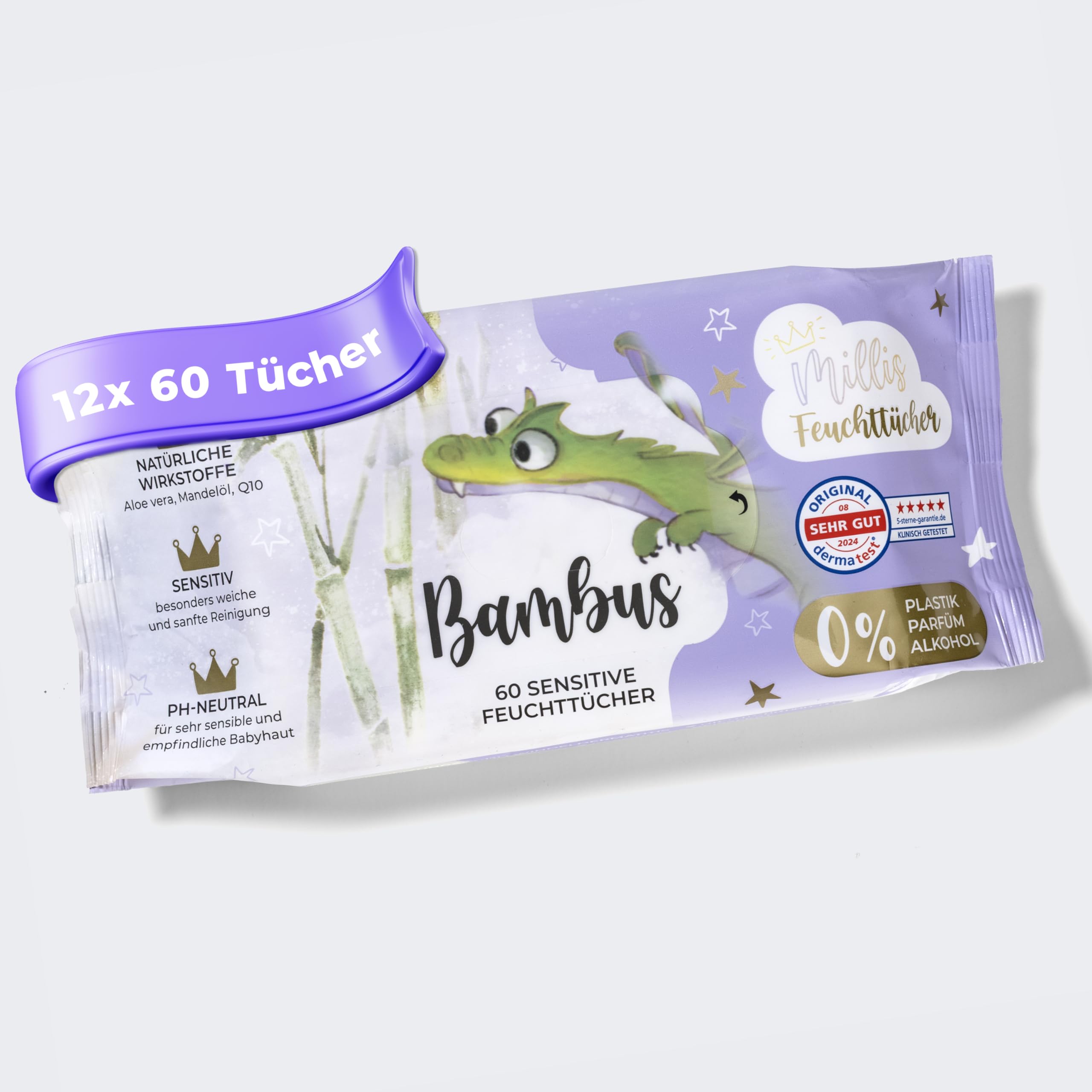 Millis Toallitas húmedas de bambú – 12 x 60 unidades – Limpieza natural suave para la piel sensible del bebé – Biodegradables, pH neutro, sin plástico, perfume y alcohol, clínicamente probado