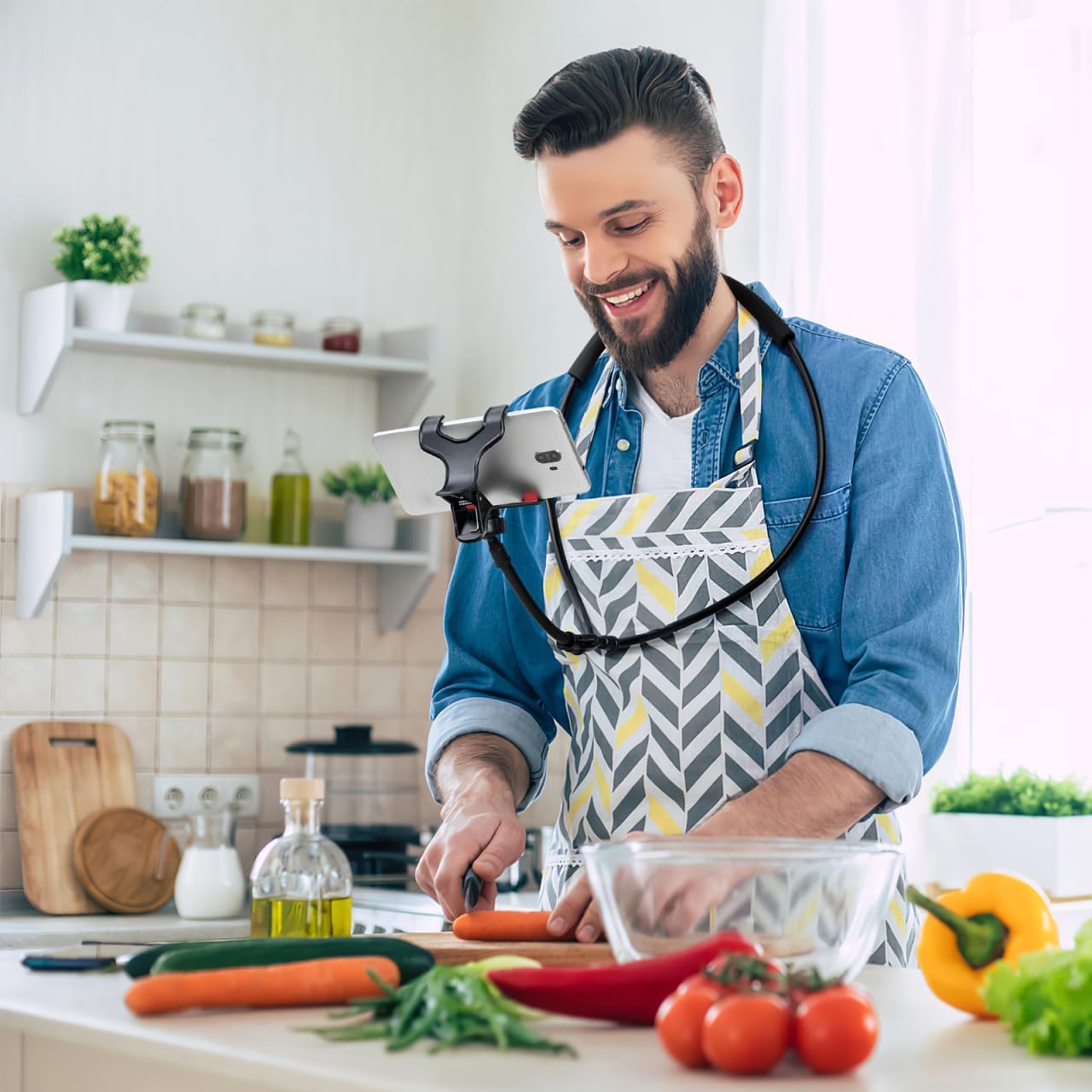 Housoutil Adjustable Neck Phone Holder, U-Shape Lazy Phone Stand, Black Neck Holder for Bedside and Desktop Use Perfect for Live Streaming and Video Calls image 3 of 9 B0DWSPSBVL